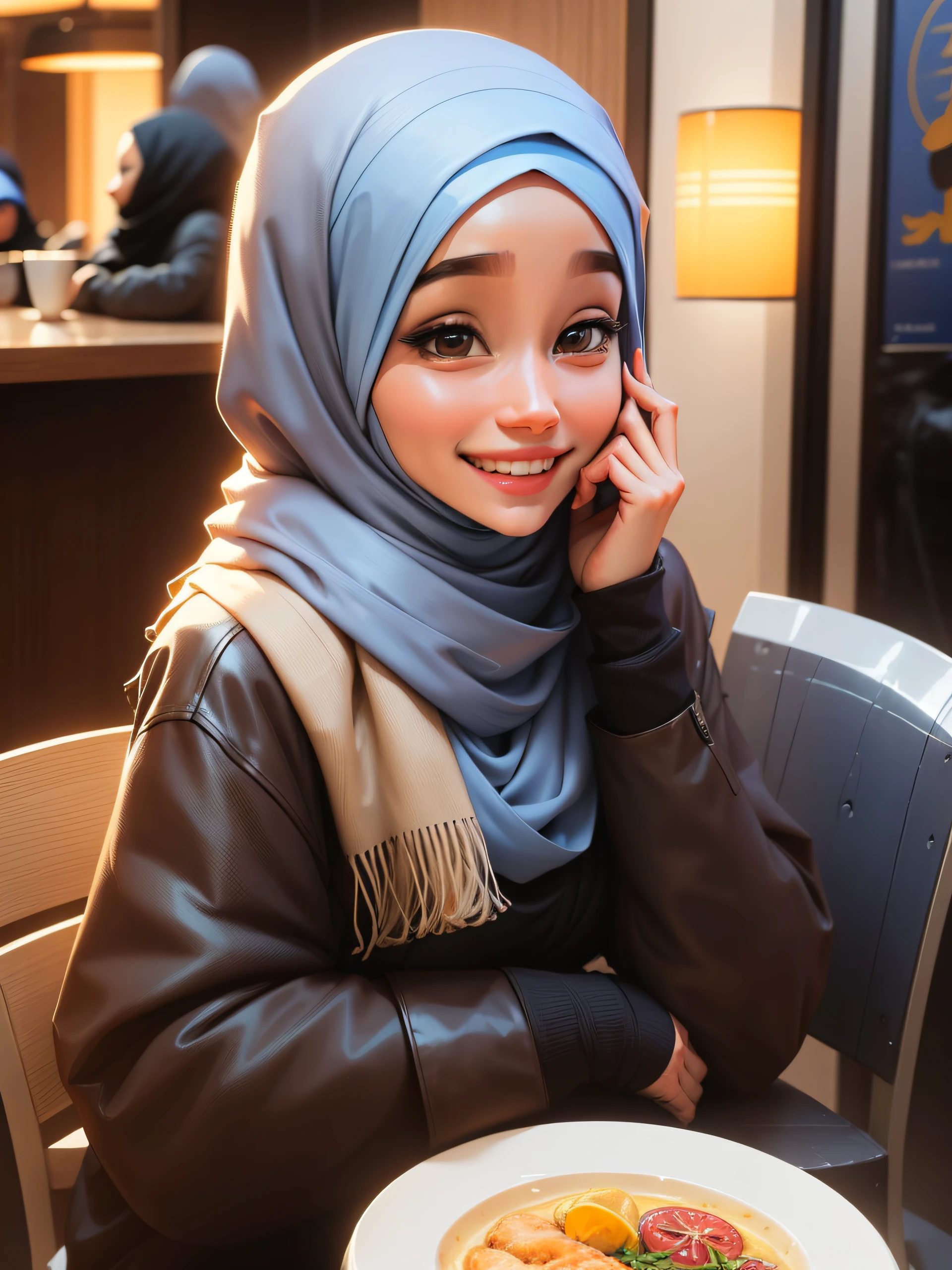 arafed woman wearing a scarf sitting at a table with her hands on her chin, hijab, shy smile, dilraba dilmurat, charming smile, ruan cute vtuber, lovely smile, cute woman, zenra taliyah, handsome girl, inspired by Nazmi Ziya Guran, slight cute smile, perfect hand, headshot profile picture