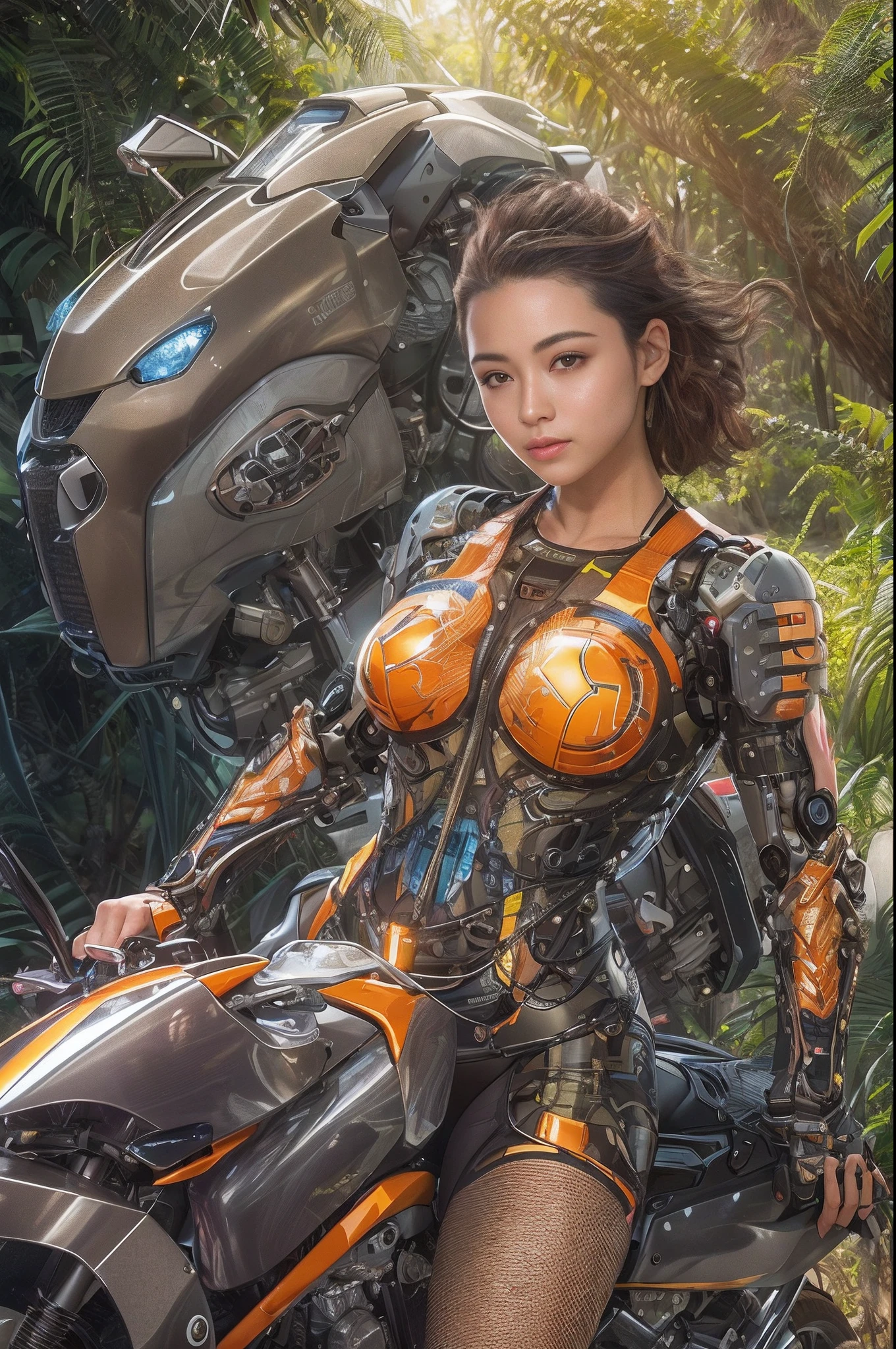 Cybernetic arm and glowing robot cyber girl,(Sheer and revealing costumes:1.3, ),(Robot Cyber Girl riding a powerful military-style motorcycle galloping through jungle:1.3), Glossy light brown and orange striped shorthair,Cute smile,Perfect round face,A cheerful smile that makes the viewer happy,Proper body proportion,masutepiece,Super high-quality output images,hight resolution,Intricate details,Very delicate and beautiful hair,photos realistic,Dreamy,Professional Lighting,realistic shadow,Solo Focus,Beautiful hands,Beautiful fingers,Detailed finger features,detailed clothes features,Detailed hair features,detailed facial features,