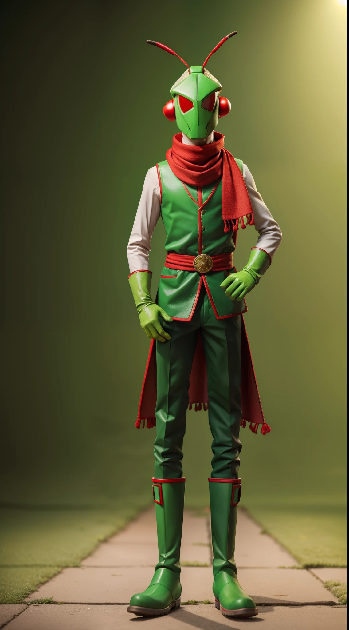 High quality, Head insect grasshopper, Insect man, Standing, Red scarf around the neck, Green gloves on hands, Green boots on the feet, Background evening,High quality, head real insect grasshopper, insect human, standing, insect real body, red scarf around neck, hands green gloves, feet green boots, evening background, white motorcycle behind,