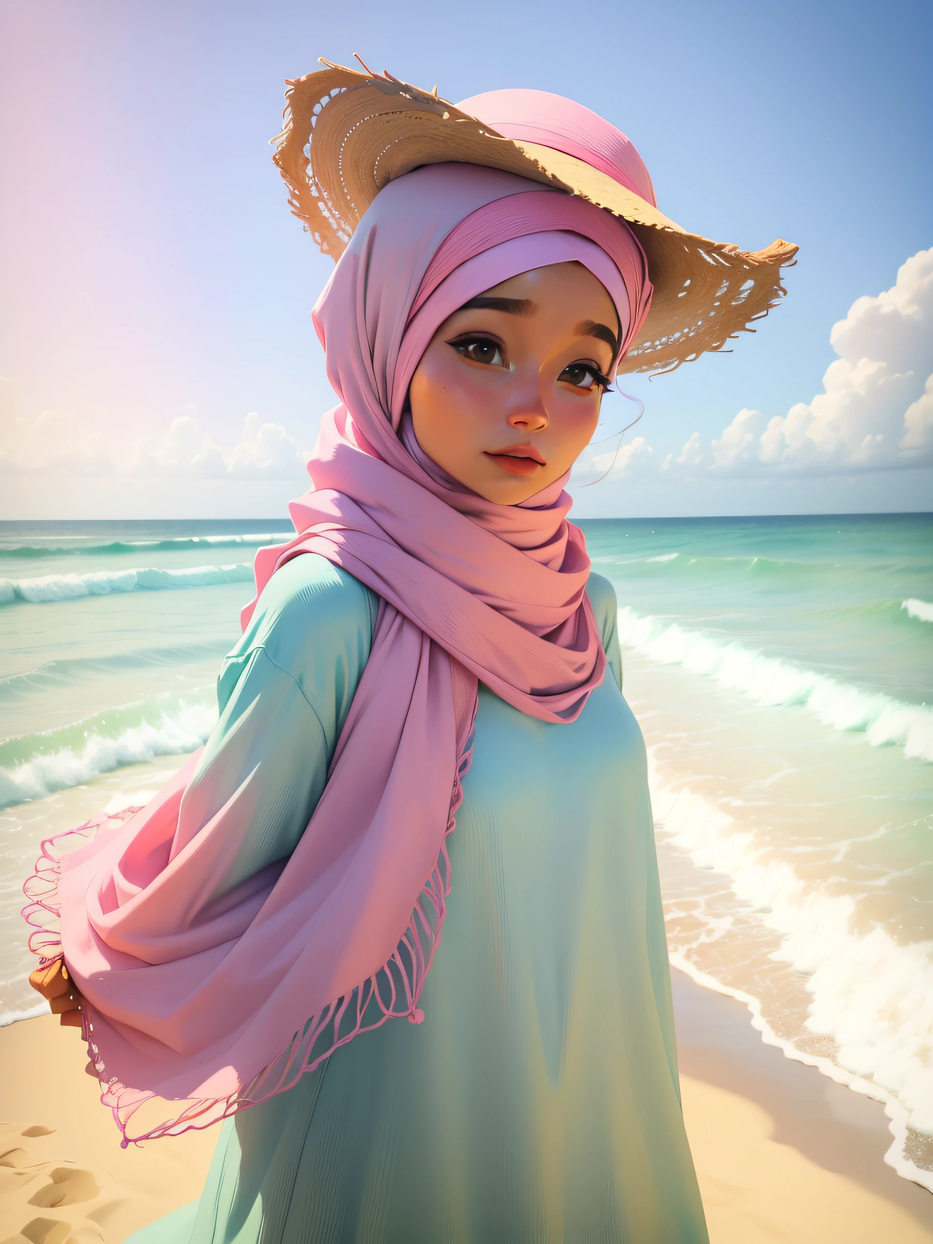 Smile (Indonesia Pink Lace Hijab), 11 years old naked in the beach