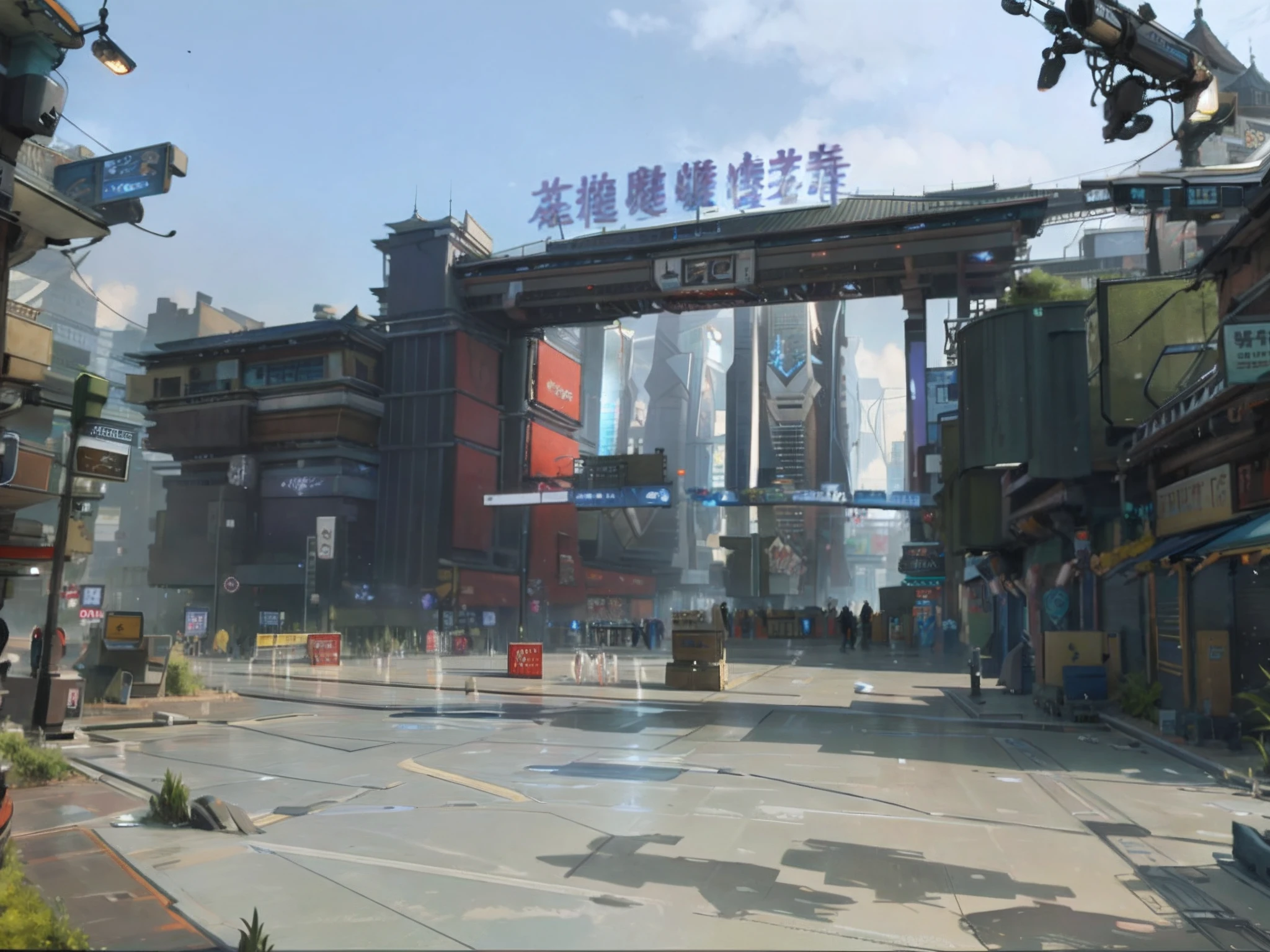 Science fiction world。neon light background。Currently working in art，Point to the background vector。cyber punk style。Science fiction mechanical aesthetics。The gate highlights the mechanical beauty of the building, The building embodies a mechanical style。Wagas。 Road trees appear mechanical style。Modern clothes on the road。Future science fiction in bizarre style is very much in demand, Very many students，There is also a heavy metal sci-fi feel。The sky will be gray。There is machinery、metals、Airplanes and vehicles。The sky is going to be gray characters，The characters on the road need many mechs。Mechael。Futuristic sci-fi style，cyber punk perssonage。Buildings need to be completely mechanized。Dull gray tones，There are Chinese characters。
