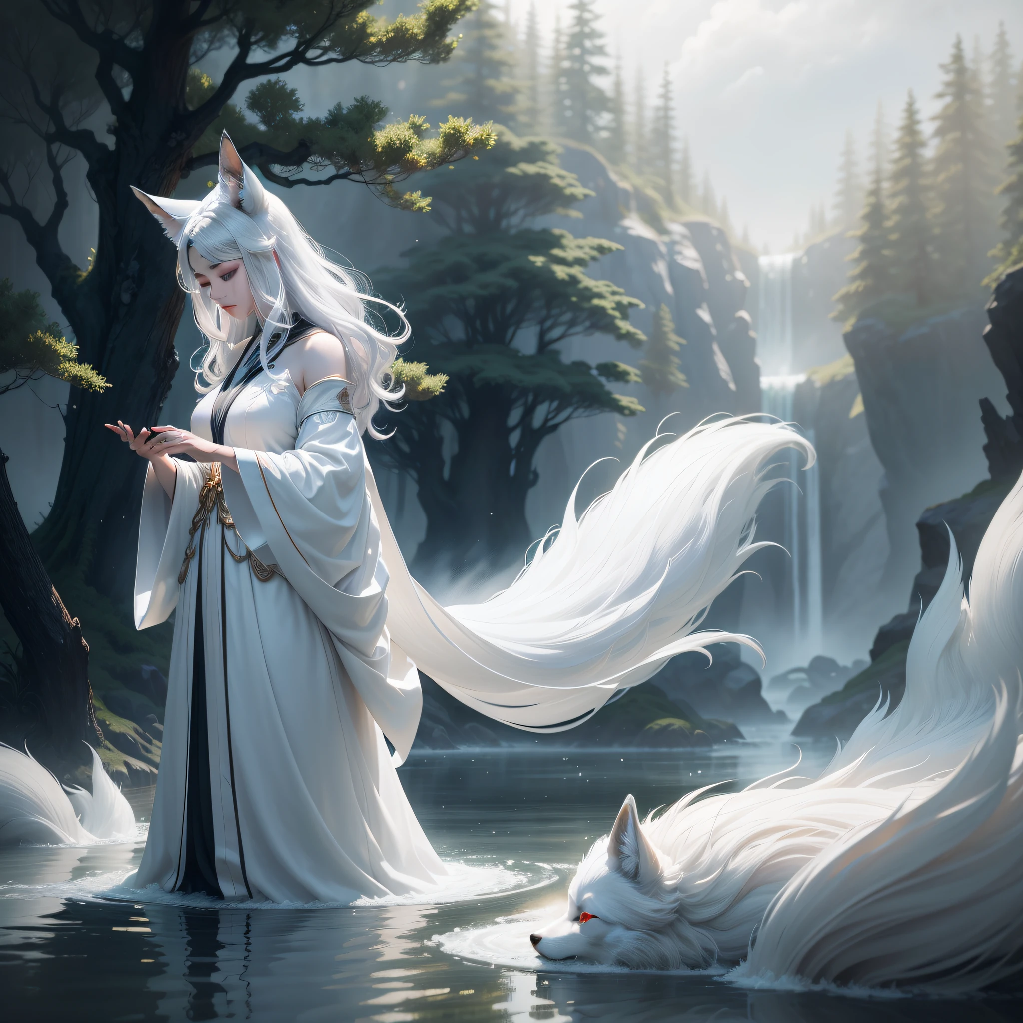a beautiful and ethereal fox spirit dressed in a flowing white Chinese robe. The image captures the fox spirit standing gracefully on the water's surface, surrounded by white clouds and mist that lend an otherworldly quality to the scene. The fox spirit's long white hair and robes are swept up by the wind, adding movement and fluidity to the image. Use Midjourney's advanced brush tools to create intricate folds and textures in the fox spirit's robes and hair, and experiment with different color palettes and brush strokes to bring out the ethereal quality of the scene. The fox spirit's beauty is further enhanced by the way her image is sometimes obscured by the surrounding mist, giving the scene a sense of mystery and enchantment. With Midjourney's powerful tools, you can bring this captivating and ethereal scene to life with incredible detail and beauty.
hdr, (photorealism, masterpiece quality, best quality), , pureerosface_v1,ulzzang-6500-v1.1,