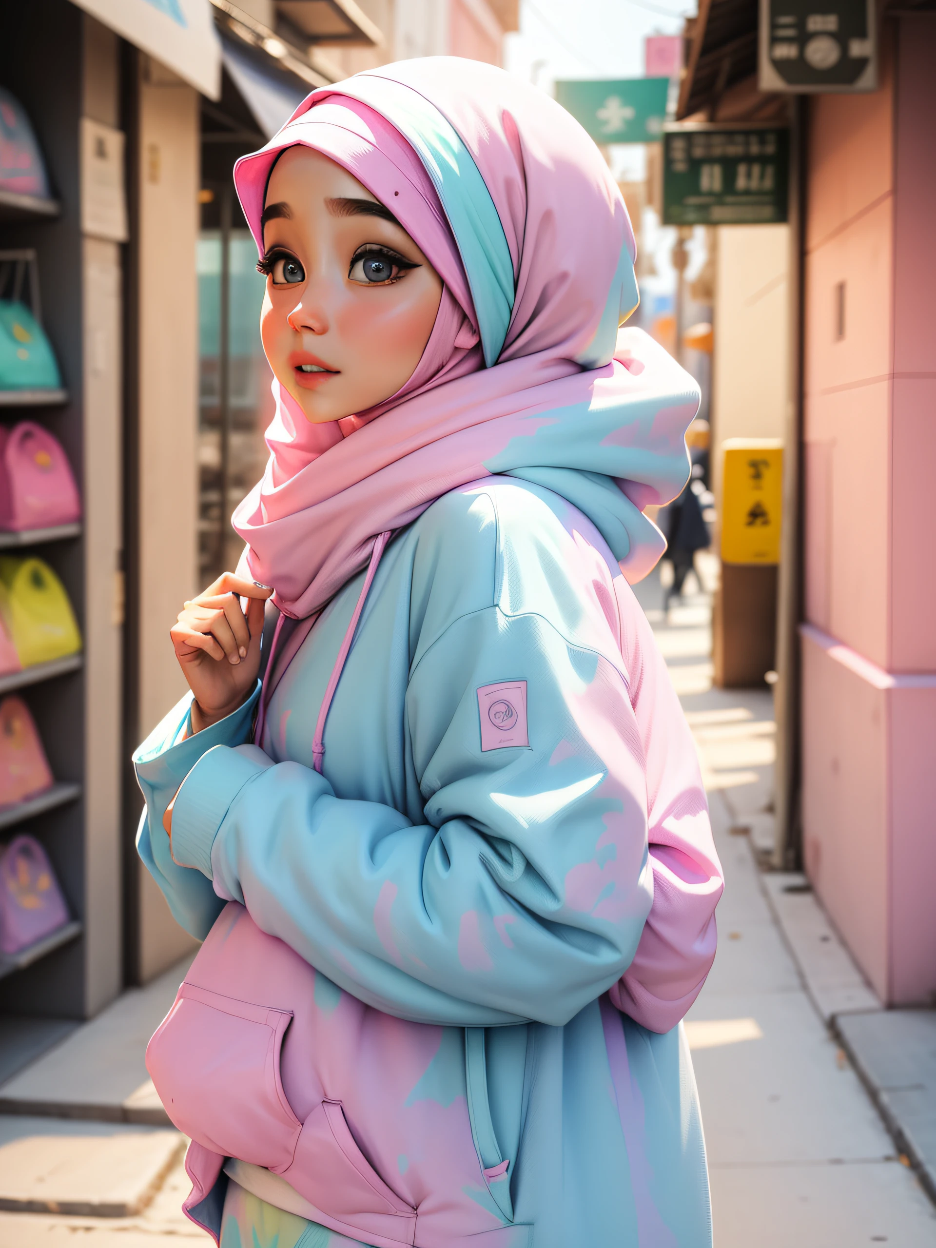 there is a woman wearing a white hijab and a pink and blue tie dye, white hijab, hijab, with cute - fine - face, dilraba dilmurat, colorful pastel, girl wearing hoodie, in pastel colors, background is heavenly, colourful pastel, she has a cute face, wearing a pastel pink hoodie, pastel color, beautiful aesthetic