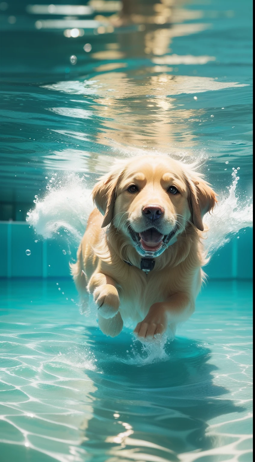 (swimming and diving in the sea), beautiful portrait in realistic style, oil painting, surrealism, ((1 golden retriever)), (diving mask), (colorful large petals falling around), diving in crystal clear water, vibrant reflections, elegant movement, light blue background, soft waves, aquatic nuances, kodak portra 400, natural light, complex details, surreal photography, movies, cinema, hyperdetail, ultra hd, color correction, HDR, color grading, Ultra-realistic CG animation with no humans