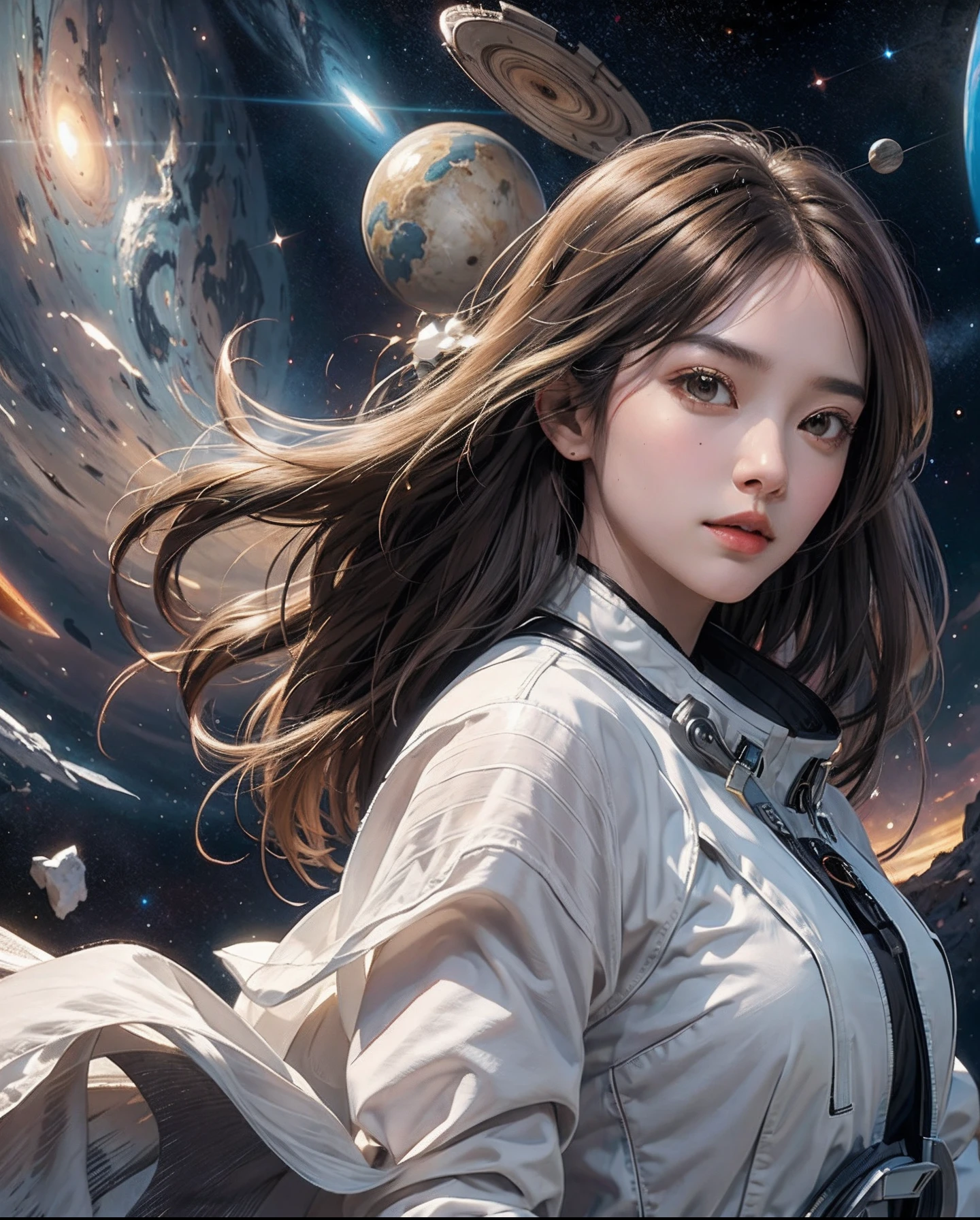 ((masters))、((top-quality))、ultra-detailed CG Unity 8k wallpaper、Incredibly delicate and beautiful illustrations、floating、hight resolution、Dynamic、((1girl))、brown-eyed、brown haired、astronaut suit、Dark black background、Stellar space、Large white luminous star、Huge black hole in the background、Colorful planets floating in the maelstrom of space。The whole body is visible、