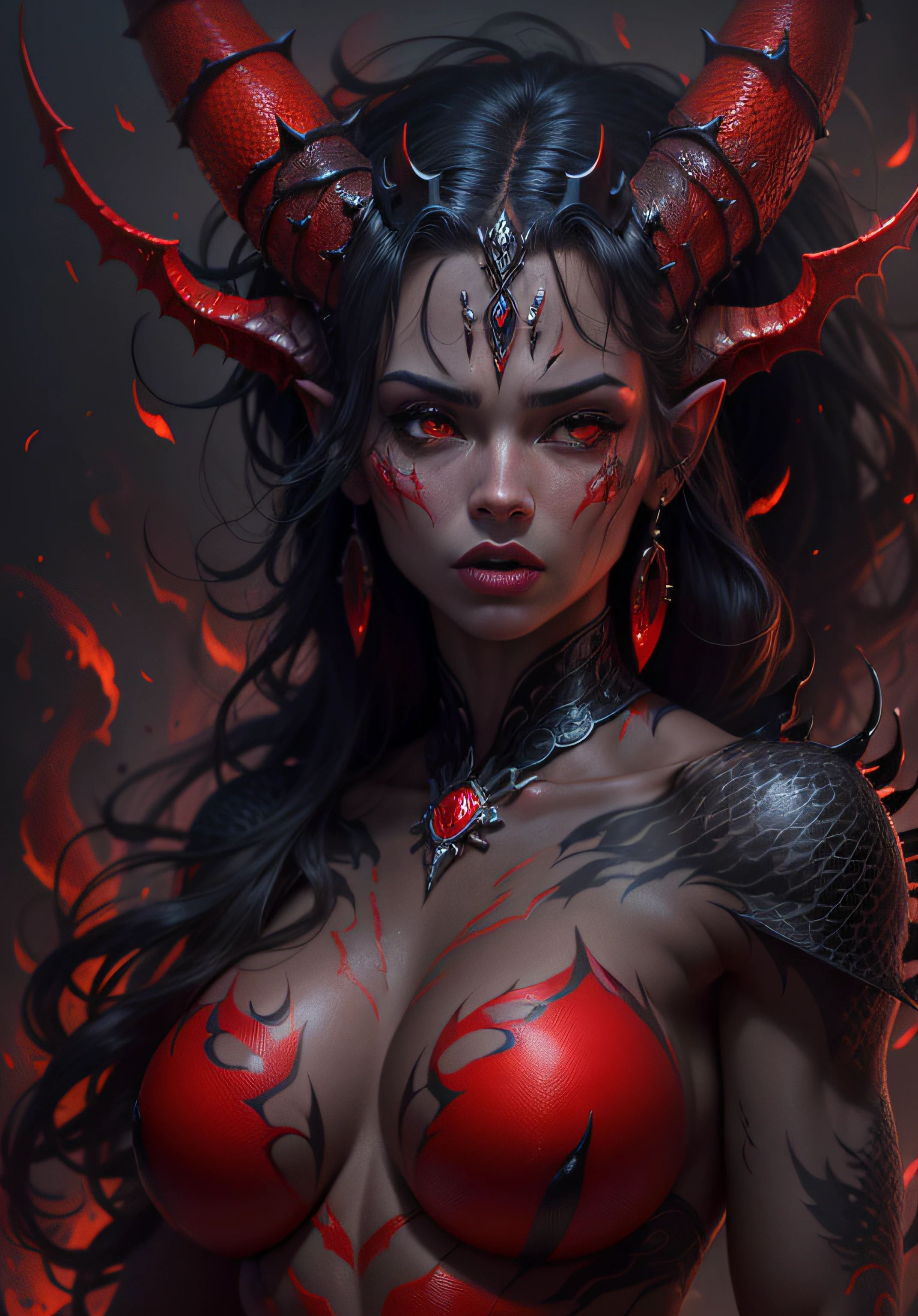 (((realistic, photorealistic))), ((best quality)), ((masterpiece)), ((detailed, extremely detailed)) demon trying to seduce it's pray, demon girl, monster girl, ((flaming demonic crown floating above head)), horns, fit toned body, muscular, (arms and legs covered with black scales), black dragon scales, detailed skin, ornamented skin, temptress, succubus, talons, (((red skin, bright red skin colour)), grey accents on skin), skin covered with scales, huge breasts, detailed background, dark background, dark setting, demonic:1.3,