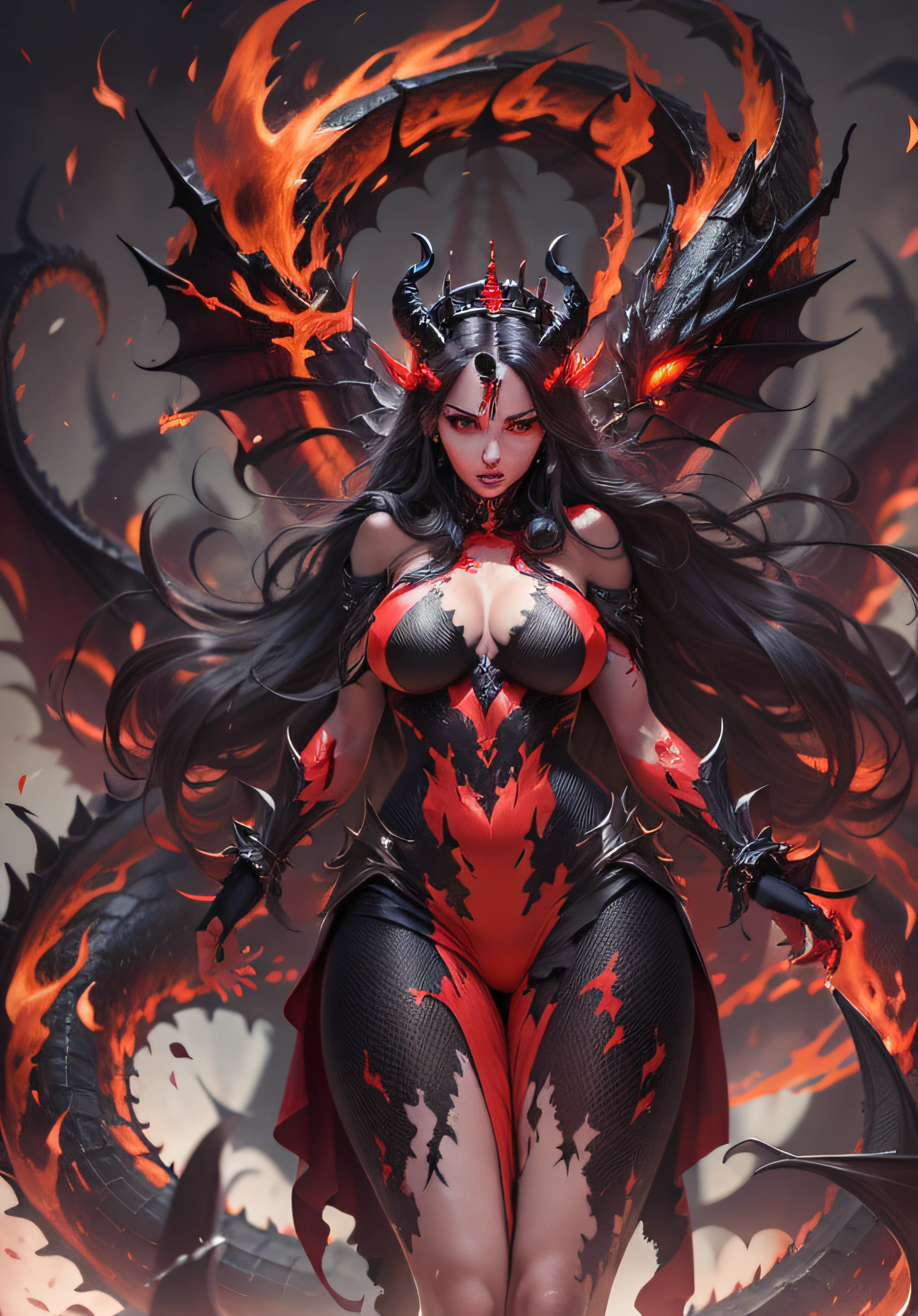 (((realistic, photorealistic))), ((best quality)), ((masterpiece)), ((detailed, extremely detailed)) demon trying to seduce it's pray, demon girl, monster girl, ((flaming demonic crown floating above head)), horns, fit toned body, muscular, (arms and legs covered with black scales), black dragon scales, detailed skin, ornamented skin, temptress, succubus, talons, (((red skin, bright red skin colour)), grey accents on skin), skin covered with scales, huge breasts, detailed background, dark background, dark setting, demonic:1.3,