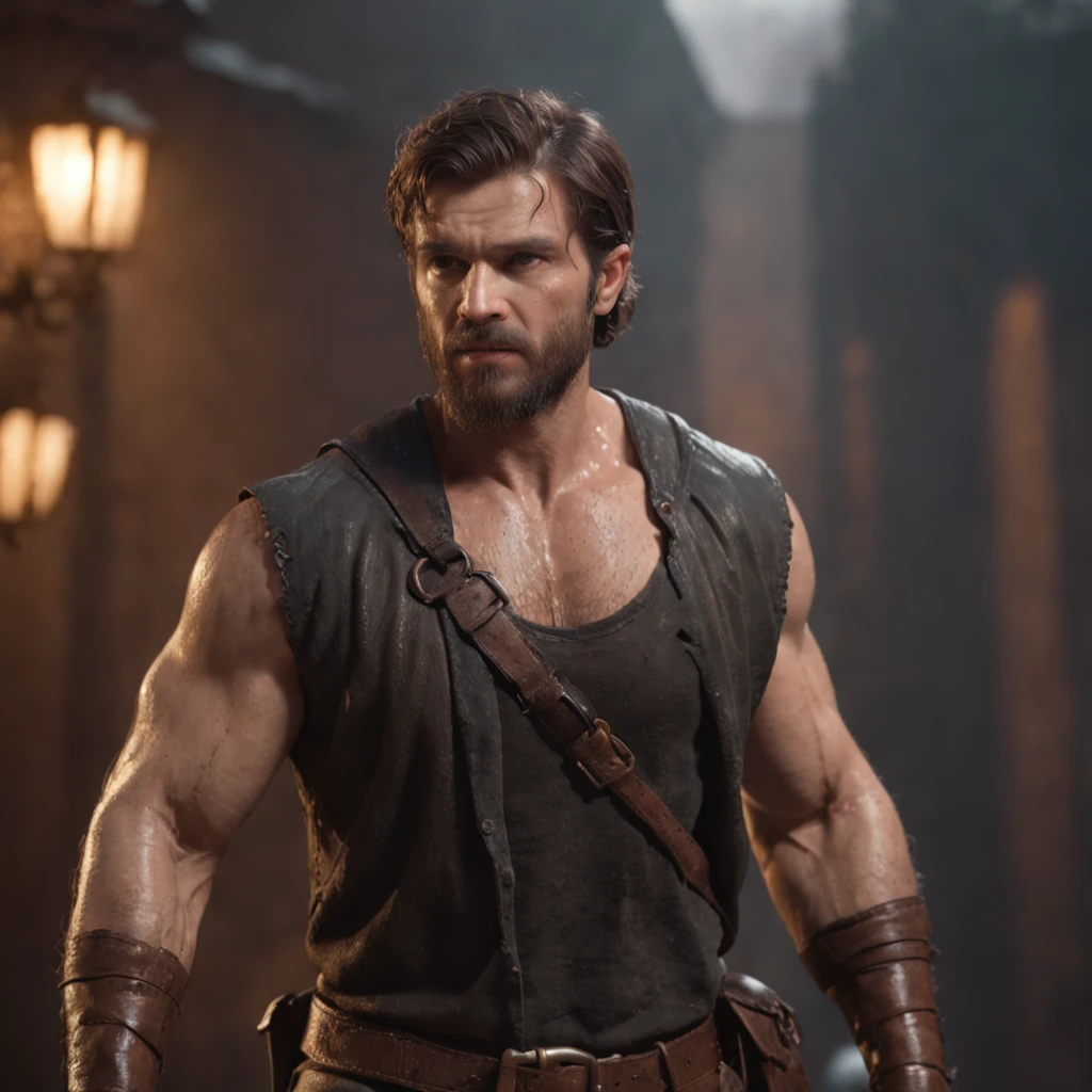 (professional 3d render:1.3) af (Realistic:1.3) most beautiful artwork photo in the world,Features soft and shiny male heroes, ((Epic hero fantasy muscle man rough wet hero hair short beard and ferocious expression in dynamic pose, Fantastic location, Majestic cluttered environment)), full body 8k unity render, action shot, skin pore, very dark lighting, heavyshading, Detailed, Detailed face, (vibrant, photograph realistic, Realistic, Dramatic, Dark, Sharp focus, 8K), (Old leather garments damaged by weathering:1.4), ((((Wear fur)))), (Intricate:1.4), decadent, (Highly detailed:1.4), Digital painting, rendering by octane, art stations, concept-art, smooth, Sharp focus, illustration, Art germ, (loish:0.23), wlop ilya kuvshinov, and greg rutkowski and alphonse mucha gracias, (Global illumination, Studio light, volumettic light), heavy rain, particles floating, lotr, fantasy, elf, full bodyesbian, ((Dark and ancient city background:1.3)),CGSesociety,art stations