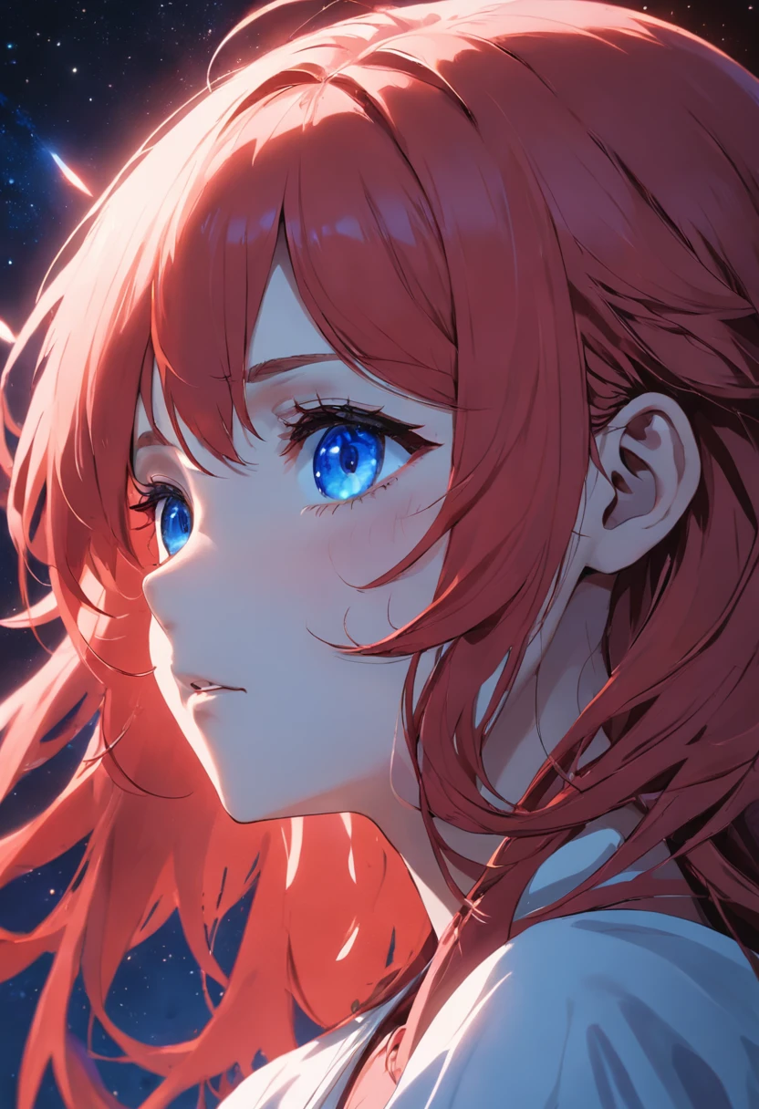 1girll, Beautiful face, ((Blue eyes)), Sexy pose, red moon in the background, stars, space, (lightroom:1.13), Soft light, (Natural skin texture:1.2), (hyper photorealism:1.2), Sharp focus, Focused, (Simple background, White background: 1.3)
