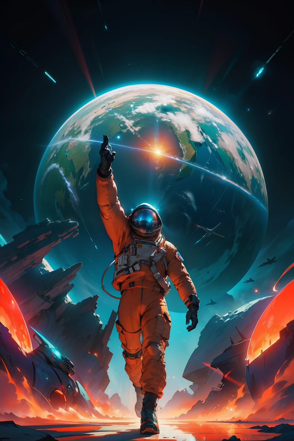 Full frame, dynamic composition, dynamic pose + hyper realistic scene about a cosmonaut dressed with a minimalist space suit, red carmine and turquoise and orange and teal who [driving a good-designed minimalist spaceship] in orbit around the planet earth. by Dan Mumford and Peter Mohrbacher and Craig Mullins, matte painting, trending on artstation, featured on pixiv, cinematic composition, dramatic pose, beautiful lighting, sharp, details, hyper-detailed, HD, HDR, 4K,