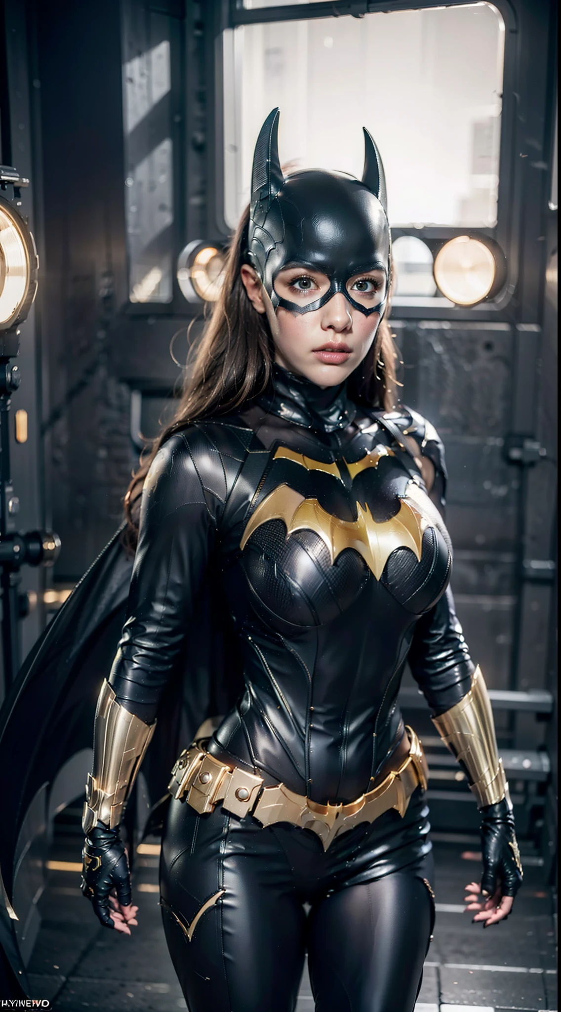 Woman body set largest breasts:1.5, (muscular body:1.1), mask, batgirl costume dress, armor, depth of field, cinematic lighting, reflection light, best quality, HD, 16k, anatomically correct, masterpiece, high quality, highres, UHD