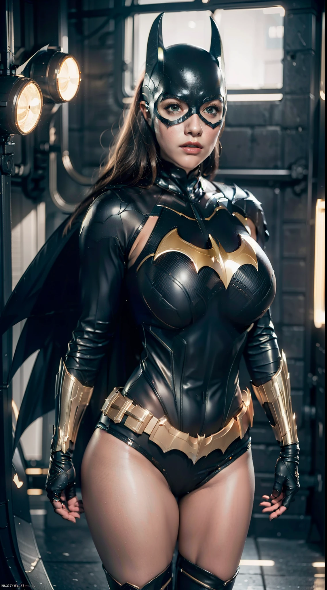 Woman body set largest breasts:1.5, (muscular body:1.1), mask, batgirl costume dress, armor, depth of field, cinematic lighting, reflection light, best quality, HD, 16k, anatomically correct, masterpiece, high quality, highres, UHD