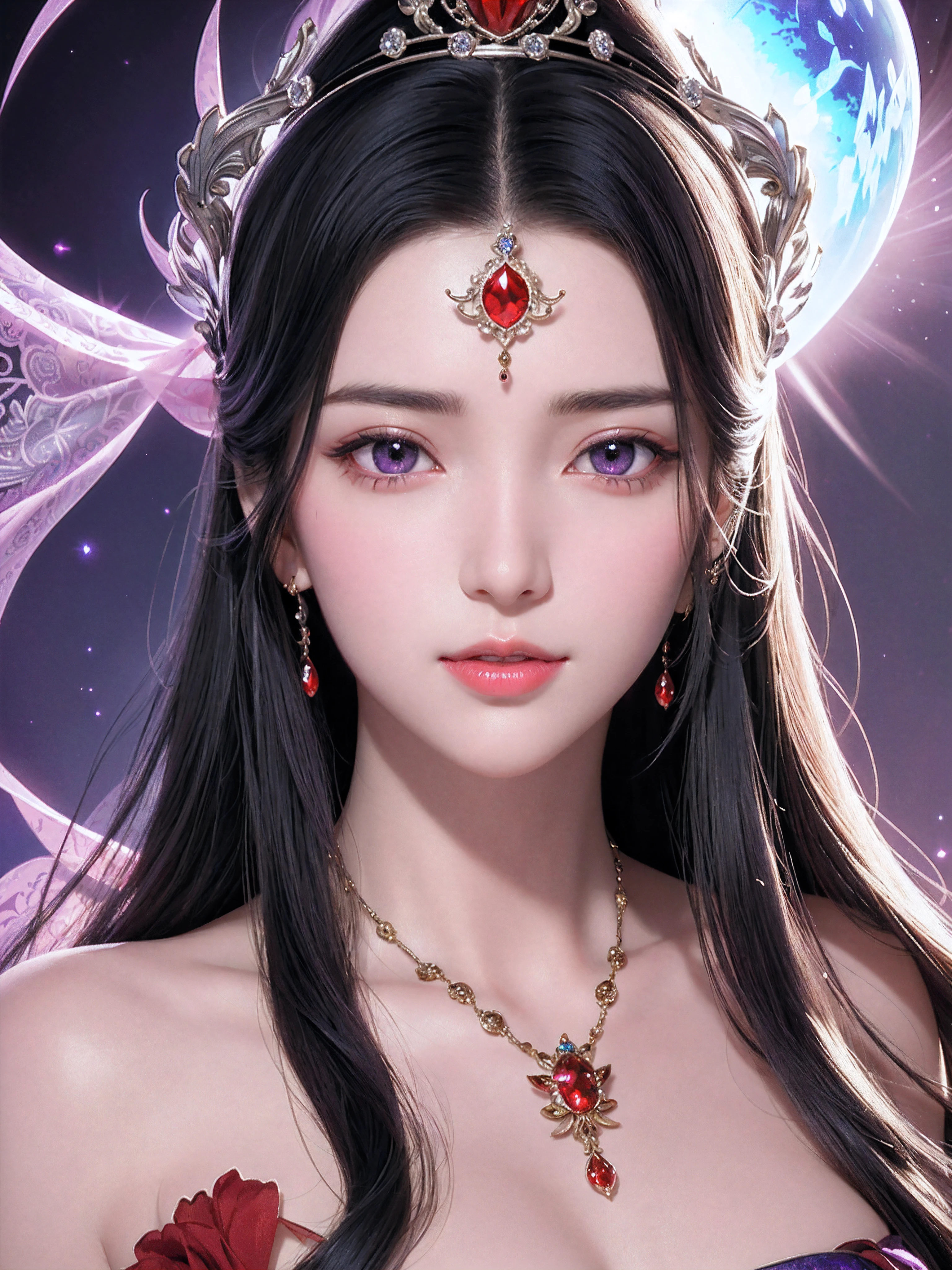 tmasterpiece,Highest high resolution,((magic orb)),Dynamic bust of beautiful aristocratic maiden,Black hair elegantly coiled,((Wearing a huge red crown)),veils,Purple clear eyes,The hair is covered with beautiful and delicate floral craftsmanship, Crystal jewelry filigree,Ultra-detailed details,upscaled, face focus,