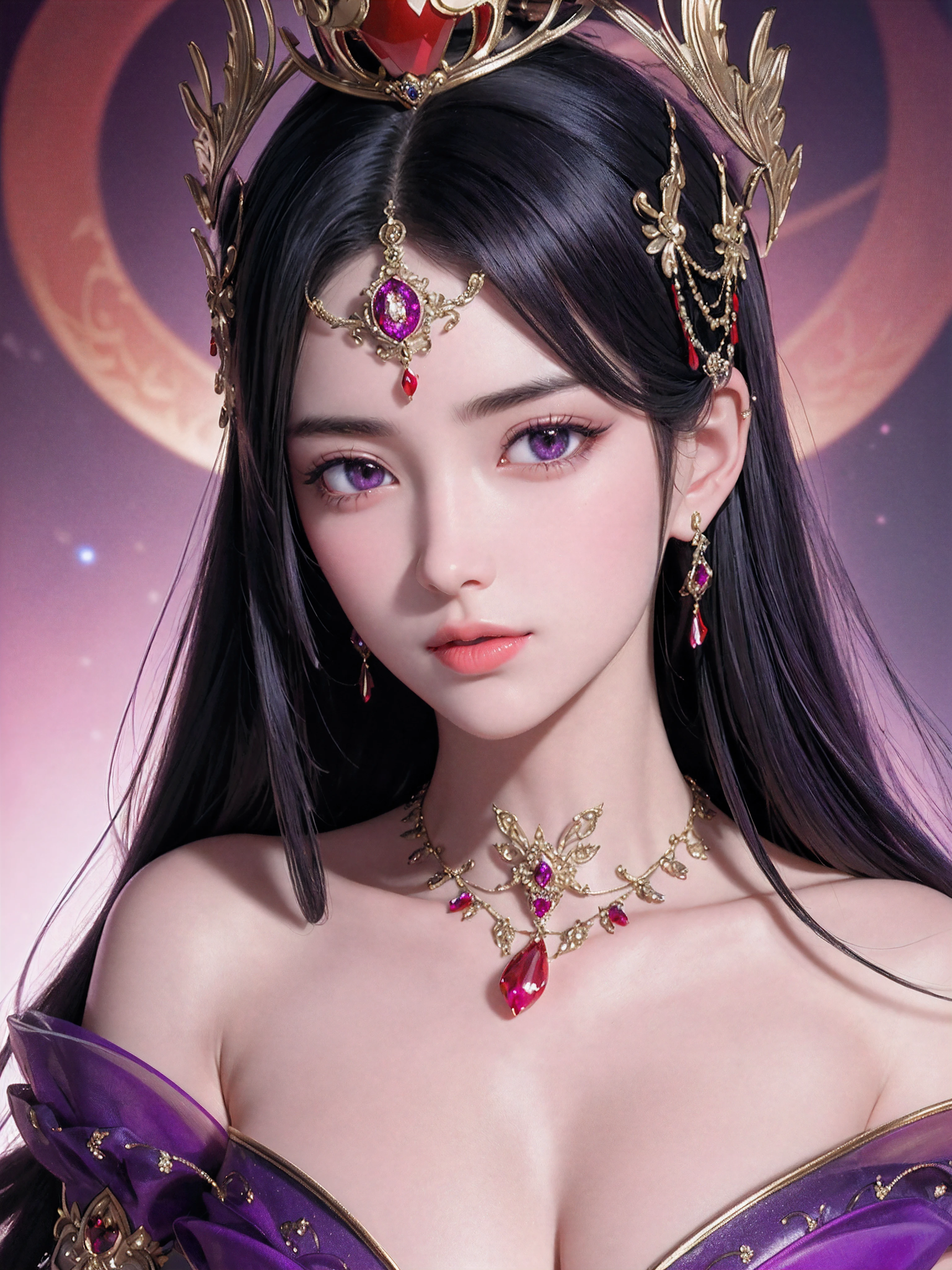 tmasterpiece，Highest high resolution，((magic orb))，Dynamic bust of beautiful aristocratic maiden，Black hair elegantly coiled，（(Wearing a huge red crown))，veils，Purple clear eyes，The hair is covered with beautiful and delicate floral craftsmanship, Crystal jewelry filigree，Ultra-detailed details，upscaled, face focus,