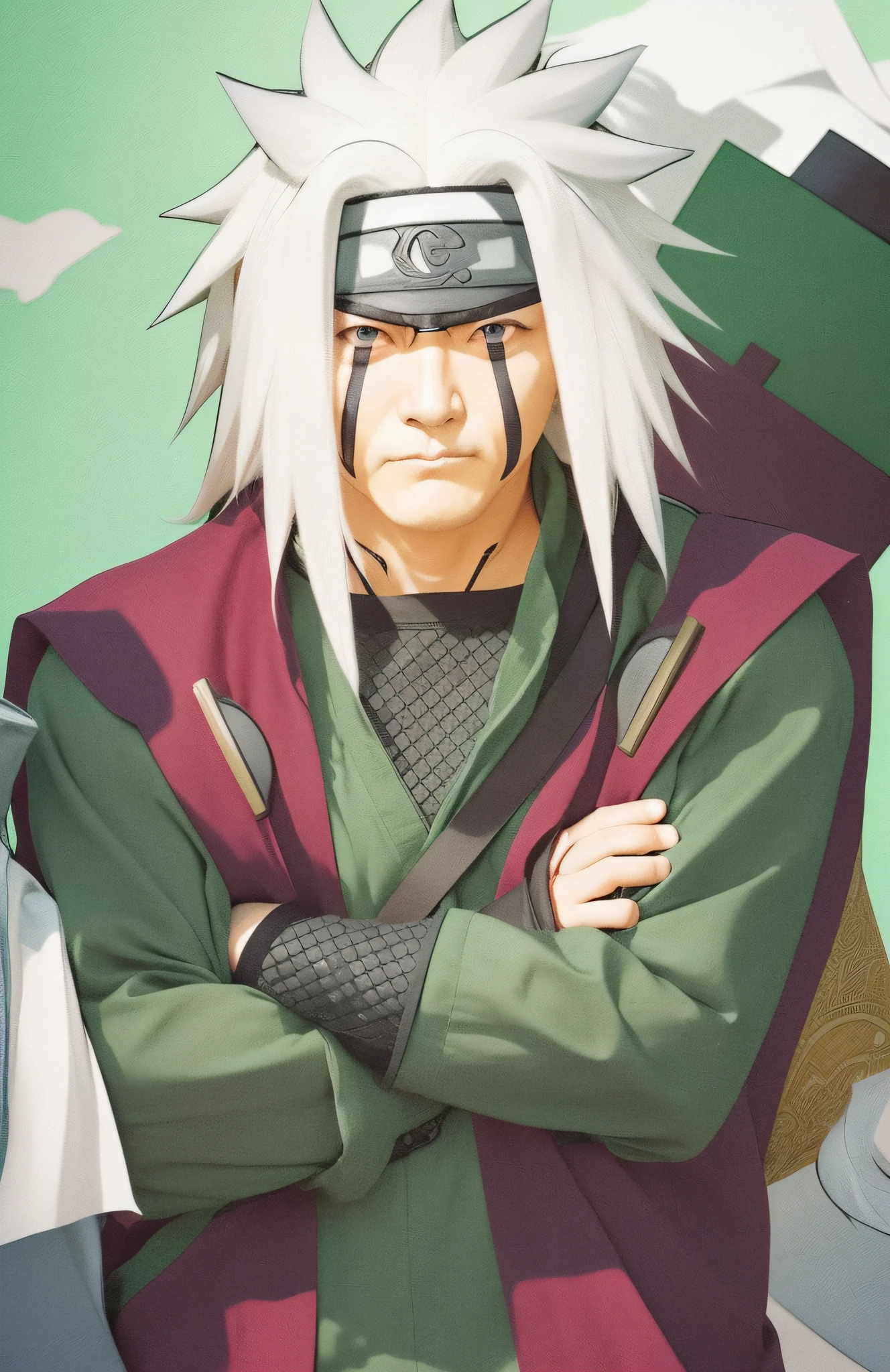 jiraiya is one of the characters in naruto. Long white hair on either side, wearing an iron headband with small horns and also inscribed with Chinese characters in the middle. He is about 40 years old. On his face there is a red line from the eye down. Wears a red vest and green sleeves. He is a member of Sunin.