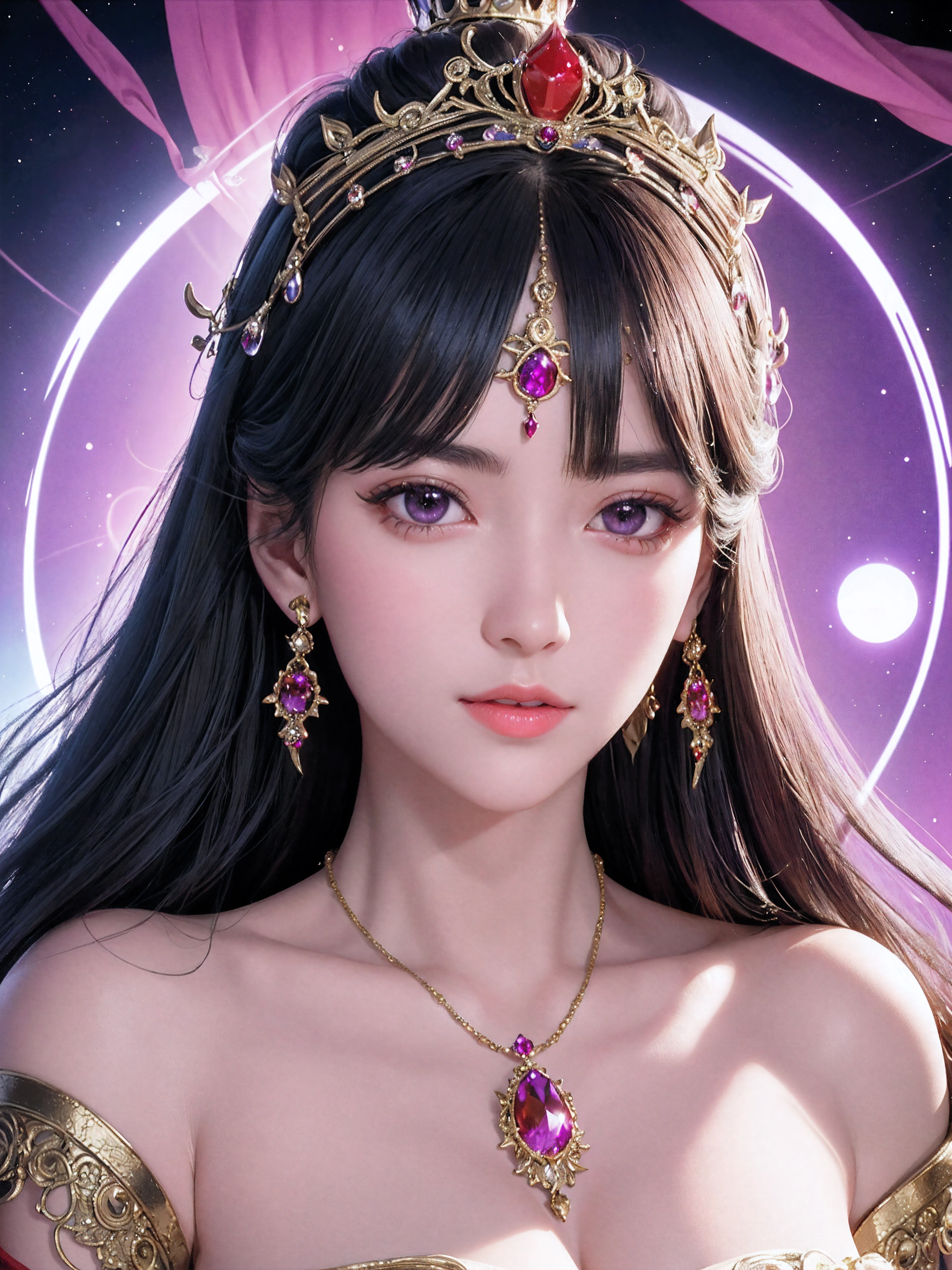 tmasterpiece，Highest high resolution，((magic orb))，Dynamic bust of beautiful aristocratic maiden，Black hair elegantly coiled，（(Wearing a huge red crown))，veils，Purple clear eyes，The hair is covered with beautiful and delicate floral craftsmanship, Crystal jewelry filigree，Ultra-detailed details，upscaled, face focus,