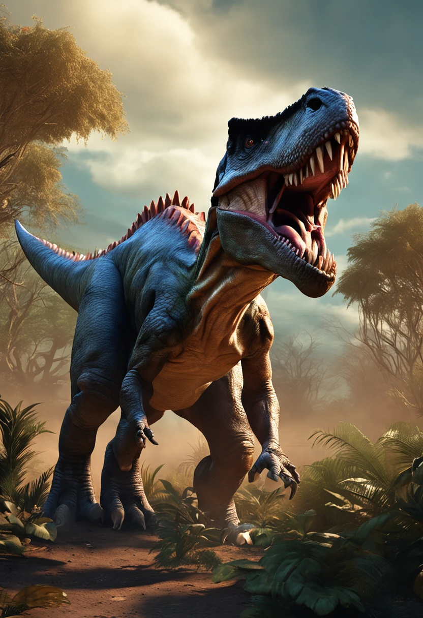 Realistic photos, RAW Photos, dinosaur, attacks viewer, Powerful movements, jump on prey, ((Dynamic jump)), Sharp Claws, dinosaur approaching from above, sudden approach, Bad-tempered, dynamic Shot from grand