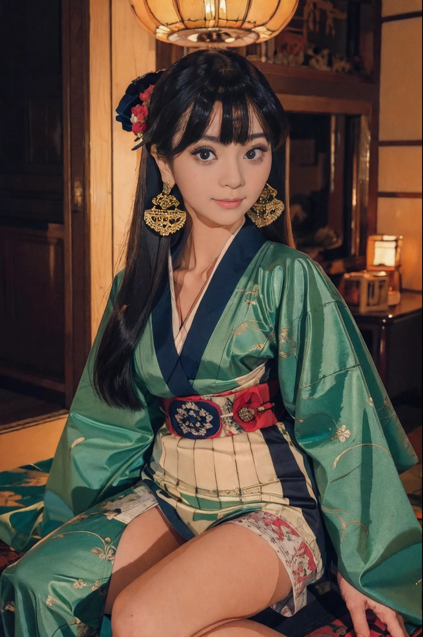 full body shot, a masterpiece of erotic art, a Japanese geisha in a beautiful dark blue brocade kimono with patterns in the form of sakura inflorescences sits in a traditional sitting position, a cutout on the chest reveals a beautiful decal, a beautiful traditional hairstyle on her head with a beautiful carved hairpin is detailed on her head,  in detail the eyes are bright green, the face is in detail a beautiful oval shape with neat facial features, the mood is a slight smile, the eyes laugh, in her hands. The geisha is a Japanese plucked instrument she plays on it, the lighting is subdued, Japanese lanterns are burning, high detail details of the photo, clear focus, 32k,  photorealism style, photorealistic