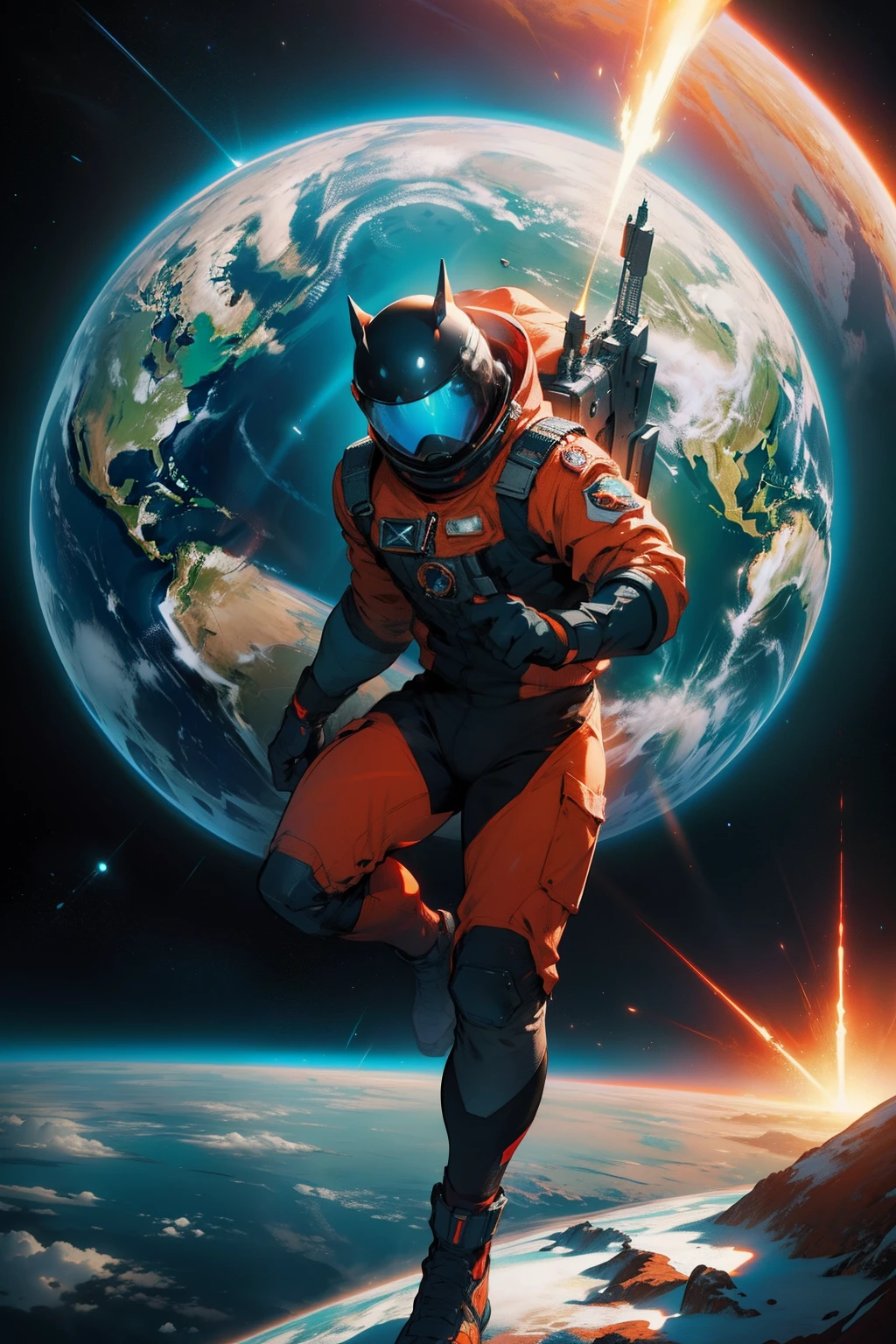 Full frame, dynamic composition, dynamic pose + hyper realistic scene about a cosmonaut dressed with a minimalist space suit, red carmine and turquoise and orange and teal who [driving a good-designed minimalist spaceship] in orbit around the planet earth. by Dan Mumford and Peter Mohrbacher and Craig Mullins, matte painting, trending on artstation, featured on pixiv, cinematic composition, dramatic pose, beautiful lighting, sharp, details, hyper-detailed, HD, HDR, 4K,