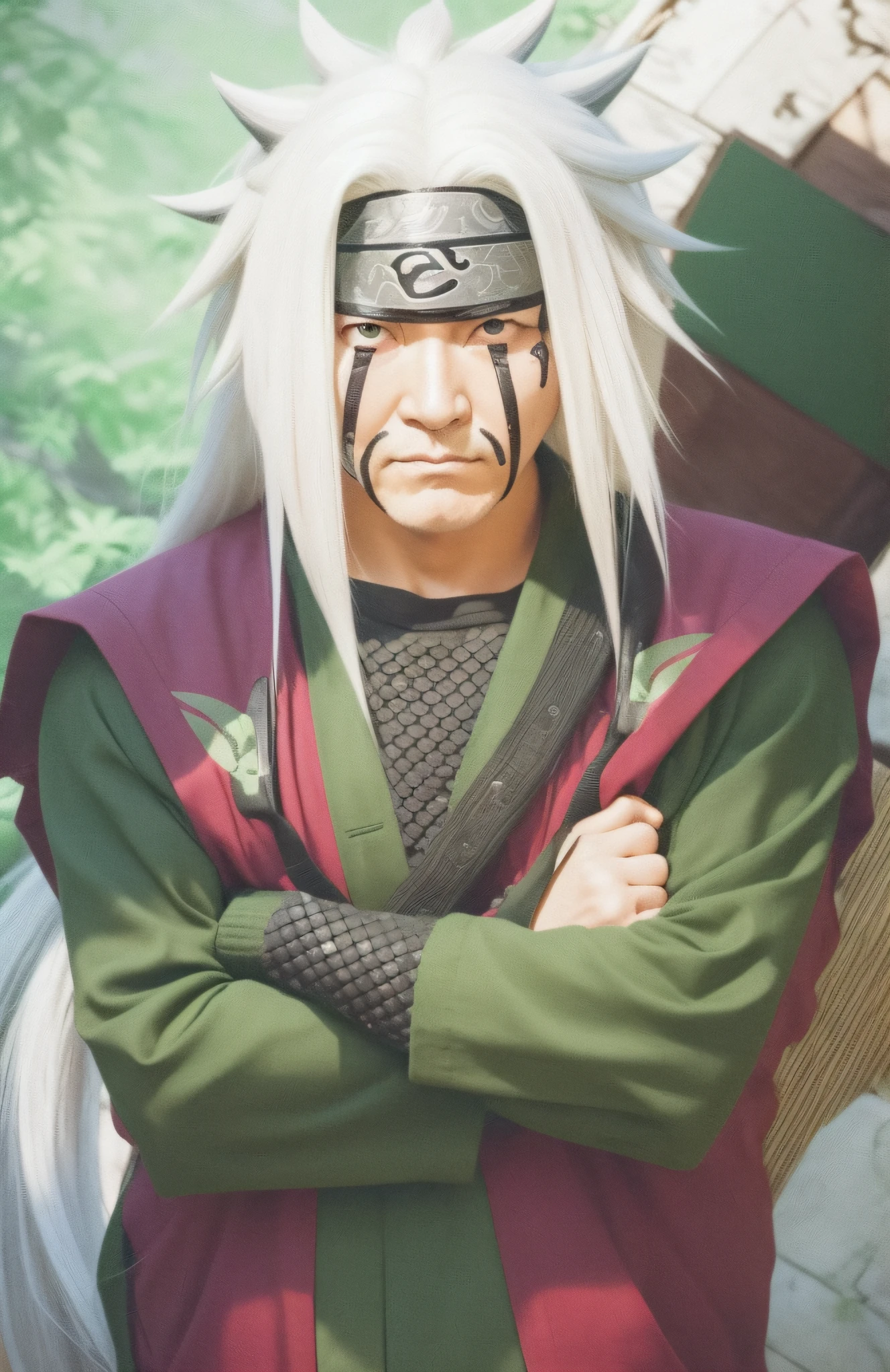 jiraiya is one of the characters in naruto. Long white hair on either side, wearing an iron headband with small horns and also inscribed with Chinese characters in the middle. He is about 40 years old. On his face there is a red line from the eye down. Wears a red vest and green sleeves. He is a member of Sunin.