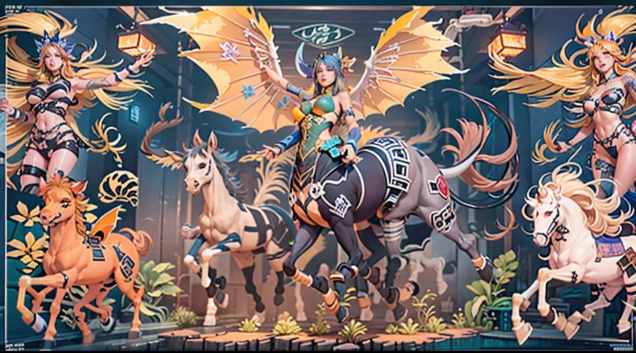 In the beautiful illustration of this super-grand scene,The ultra-long-range lens is shown(Eight unique centaur characters:9.9),They all have their own characteristics,Vivid and interesting。Radiant angelic centaurs from the heavenly realm,To the hellish centaurs surrounded by nightmarish flames,And then to the Wind Immortal Centaur dancing in the air,There are also one-horned centaurs surrounded by thunder and lightning,and mechanical centaurs that shine with metallic light,And then to the powerful dragon centaur with colored dragon scales covering the whole body,The elegant and agile elf centaur always wears a flower crown with its slender and graceful lines,Enchanting and charming Tiflin centaurs。Each character has their own unique charms and abilities。The illustration uses advanced artistic techniques and tools,(Divide the scene into sections by geometric arrangement:9.9),Each section corresponds to a centaur character,This makes more efficient use of space。Through Midjourney's advanced brush tools、Color palette、Material packs and model packs,Exquisite costumes and equipment are designed for each centaur,Enhances the character's personality and visual appeal。The scenery in the illustrations is stunning,There are changing skies、rainbowing、extreme light、Stars and Moon。Incorporating iconic landmarks such as Mount Everest,and fireworks、tranquil lake、Natural and urban elements of waves and neon lights,Creates a magical atmosphere。The centaurs showed off their skills and equipment in a variety of environments,This is true even in extreme alien landscapes。(Use Midjourney's tools、Material packs、Texture tools、The color palette makes depicting details vivid and realistic:9.9),From intricate hairstyles and clothing to authentic textures,Enhances the realism of the characters and surroundings。The fusion of multiple art styles adds movement to the centaur's movement at all angles,The overall visual experience is further enriched。The final illustration was described as a "mast