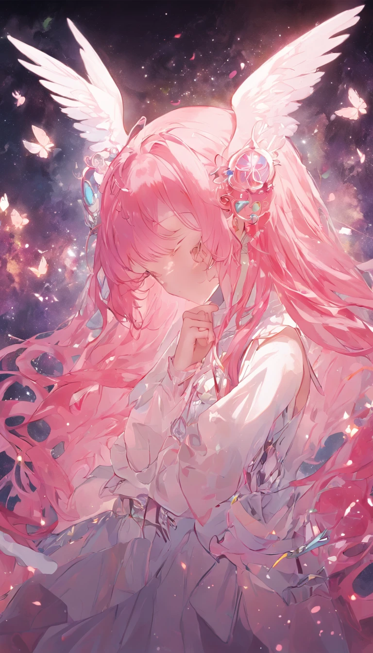 tmasterpiece,Best quality at best,1girl,Be a little round, Round God,独奏,The pink hair ends gradually become transparent,transparent wings,White headband headdress,Long hair and double ponytail,ssmile,mitts,a white long skirt,Lie asleep on your side with your eyes closed,holding the earth,There are a lot of flowers around the cosmic background,Vertical painting effect,The upper part of the body,(kbxll:0.6)