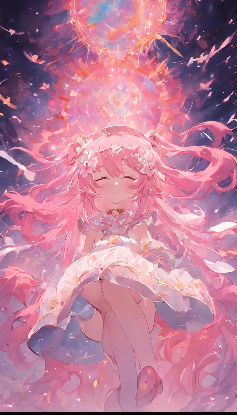 tmasterpiece,Best quality at best,1girl,Be a little round, Round God,独奏,The pink hair ends gradually become transparent,transparent wings,White headband headdress,Long hair and double ponytail,ssmile,mitts,a white long skirt,Lie asleep on your side with your eyes closed,holding the earth,There are a lot of flowers around the cosmic background,Vertical painting effect,The upper part of the body,(kbxll:0.6)