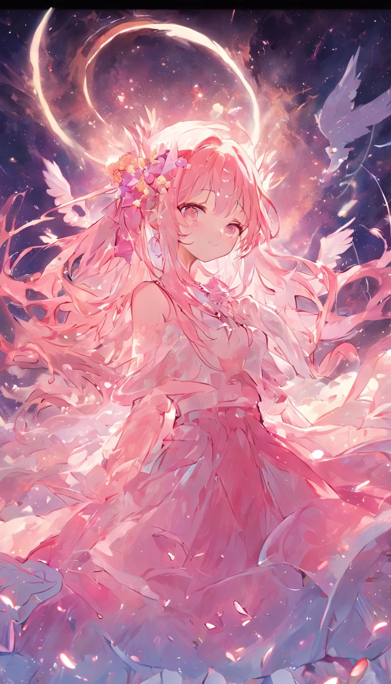 tmasterpiece,Best quality at best,1girl,Be a little round, Round God,独奏,The pink hair ends gradually become transparent,transparent wings,White headband headdress,Long hair and double ponytail,ssmile,mitts,a white long skirt,Lie asleep on your side with your eyes closed,holding the earth,There are a lot of flowers around the cosmic background,Vertical painting effect,The upper part of the body,(kbxll:0.6)