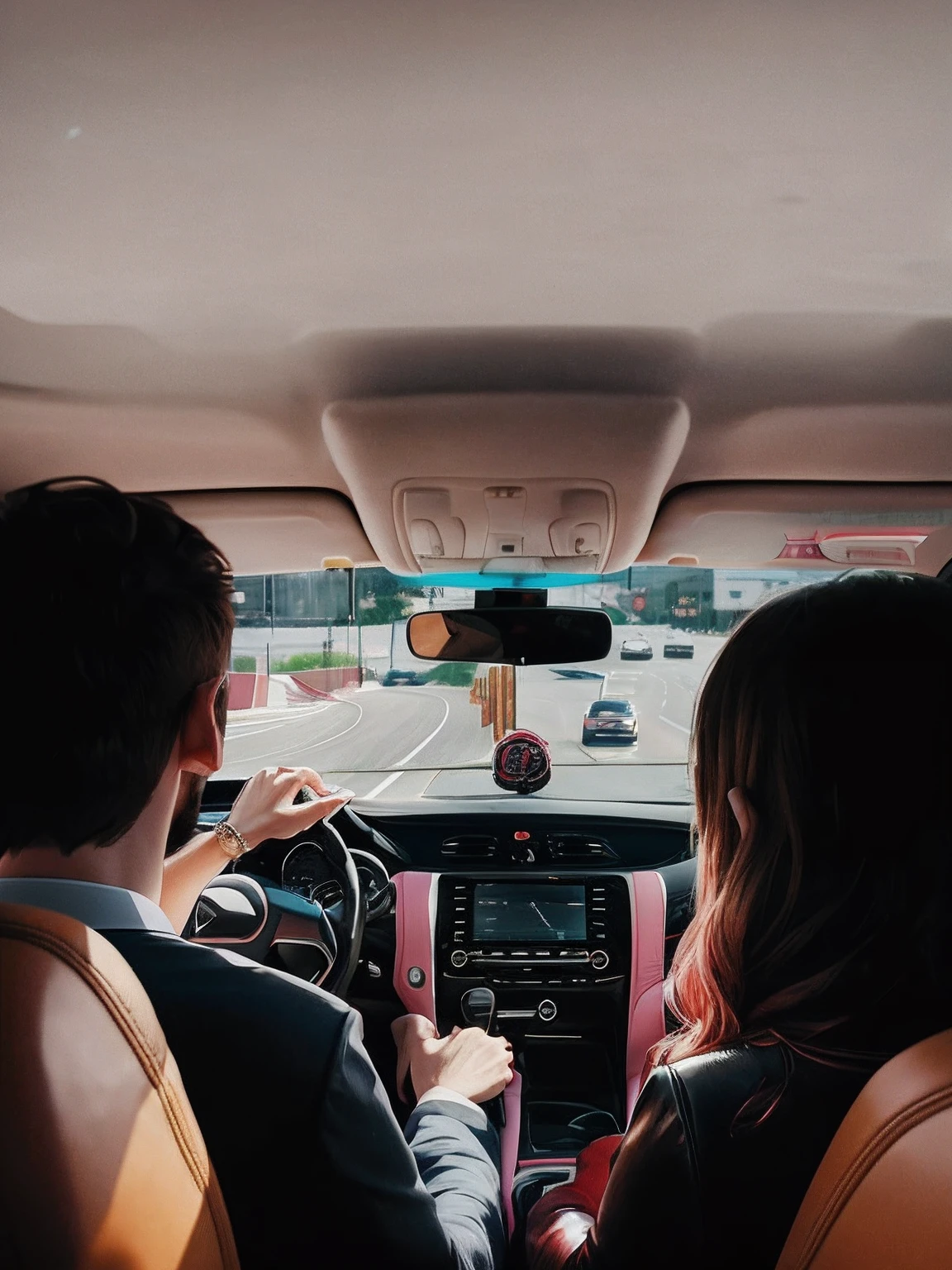 there are two people sitting in the driver's seat of a car, driving, driving a car, driving fast, inside of a car, couple, road trip, back to us, full car, driving through the city, carpool karaoke, riding on the road, touring, 😭 🤮 💕 🎀, drive out, long distance photo, driver