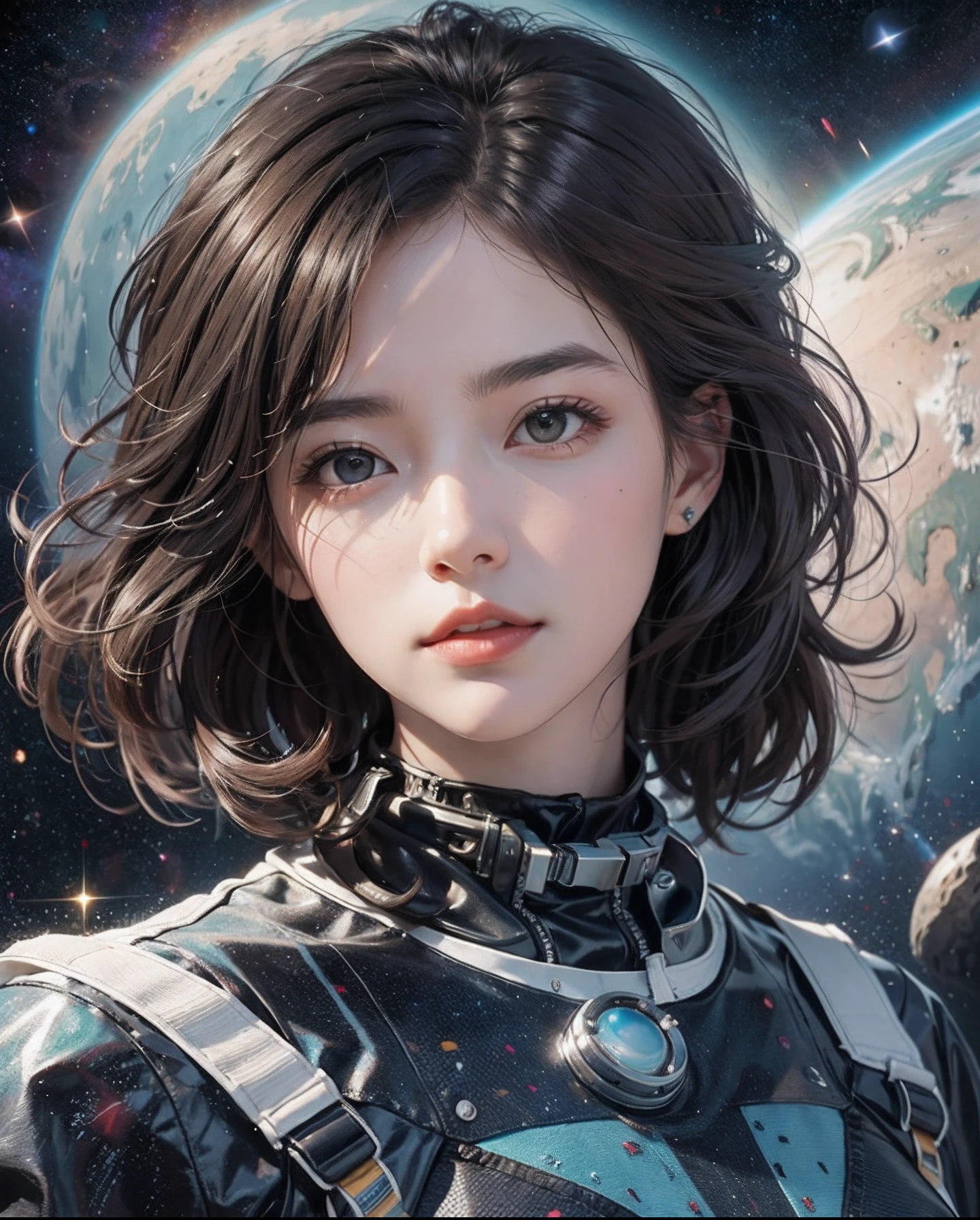 ((masters))、((top-quality))、ultra-detailed CG unity 8k Wallpaper、Incredibly delicate and beautiful illustrations、floating、hight resolution、Dynamic、((1girl in))、Brown-eyed、brown haired、astronaut suit、Dark black background、Stellar space、Large white luminous star、Huge black hole in the background、Colorful planets floating in the maelstrom of space。The whole body is visible、