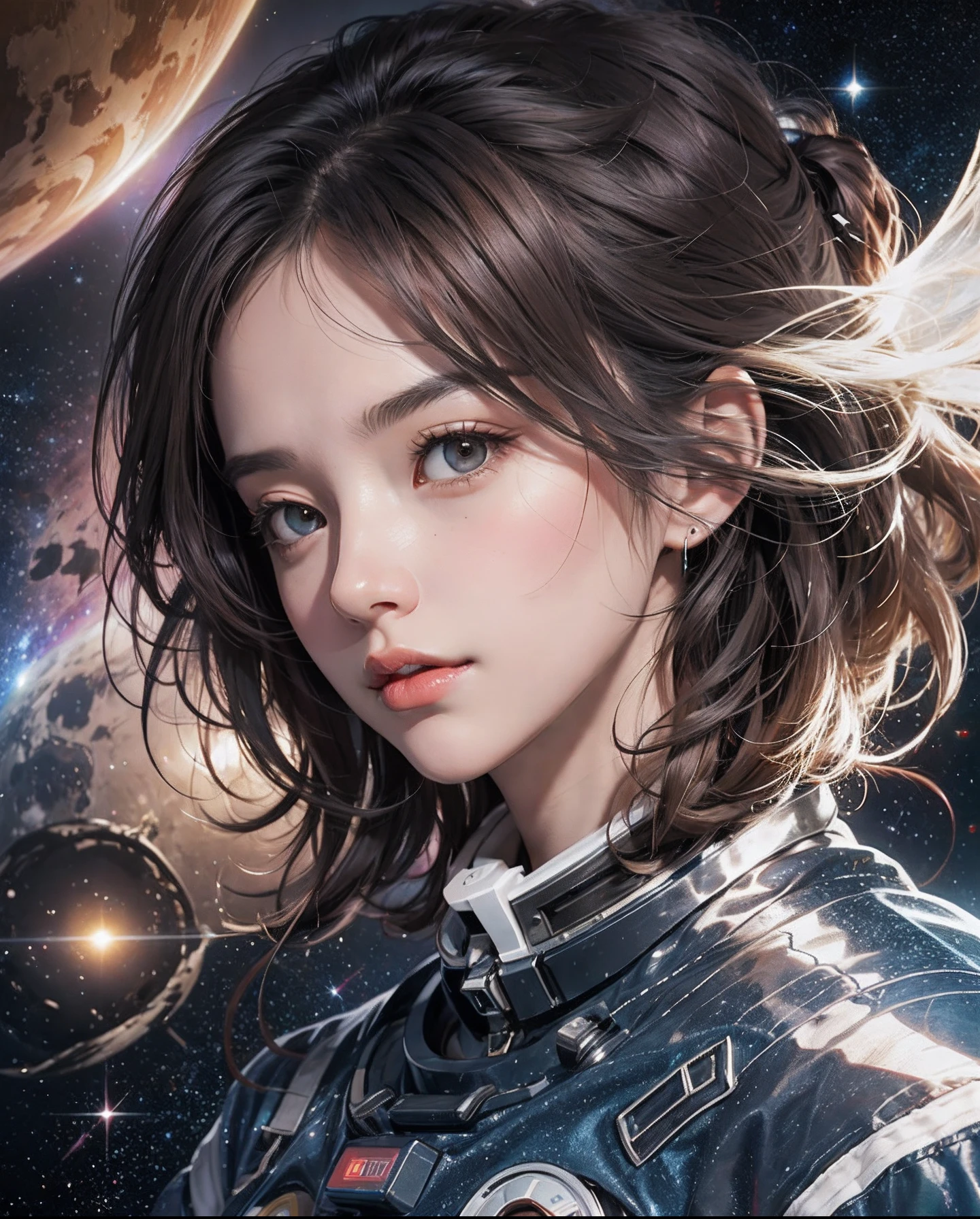 ((masters))、((top-quality))、ultra-detailed CG unity 8k Wallpaper、Incredibly delicate and beautiful illustrations、floating、hight resolution、Dynamic、((1girl in))、Brown-eyed、brown haired、astronaut suit、Dark black background、Stellar space、Large white luminous star、Huge black hole in the background、Colorful planets floating in the maelstrom of space。The whole body is visible、