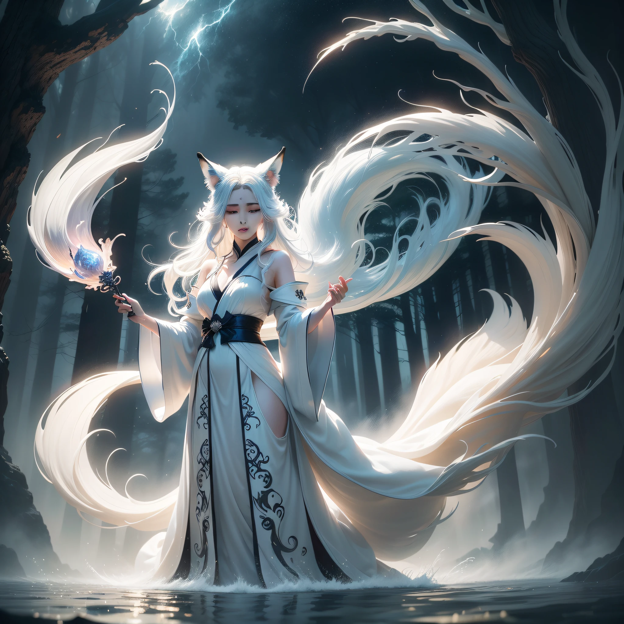 a beautiful and ethereal fox spirit dressed in a flowing white European silk robe. The image captures the fox spirit standing gracefully on the water's surface, surrounded by white clouds and mist that lend an otherworldly quality to the scene. The fox spirit's long white hair and robes are swept up by the wind, adding movement and fluidity to the image. Use Midjourney's advanced brush tools to create intricate folds and textures in the fox spirit's robes and hair, and experiment with different color palettes and brush strokes to bring out the ethereal quality of the scene. The fox spirit's beauty is further enhanced by the way her image is sometimes obscured by the surrounding mist, giving the scene a sense of mystery and enchantment. With Midjourney's powerful tools, you can bring this captivating and ethereal scene to life with incredible detail and beauty. hdr, (photorealism, masterpiece quality, best quality), , pureerosface_v1,ulzzang-6500-v1.1,