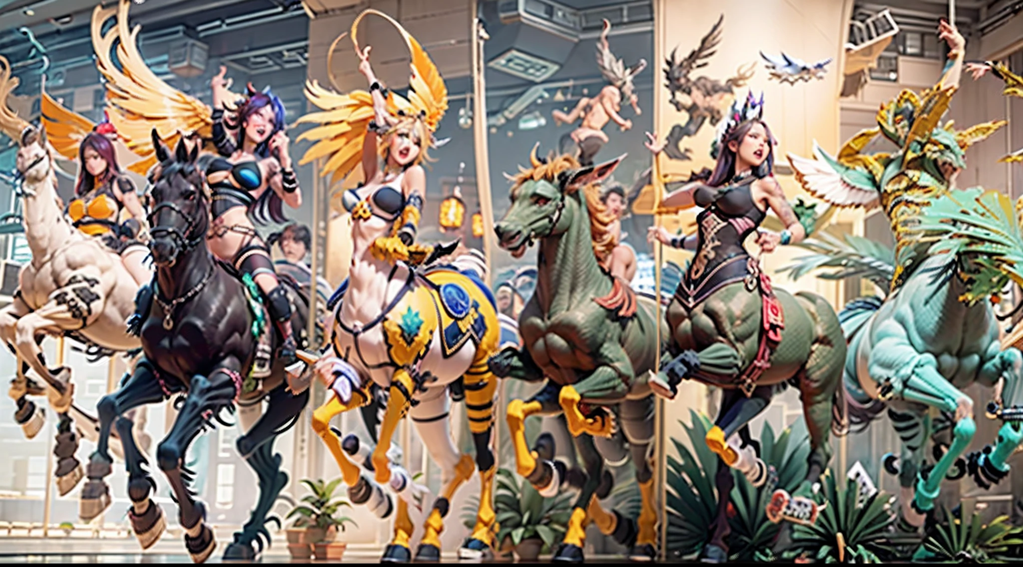 In the beautiful illustration of this super-grand scene，The ultra-long-range lens is shown（Eight unique centaur characters：9.9），They all have their own characteristics，Vivid and interesting。Radiant angelic centaurs from the heavenly realm，To the hellish centaurs surrounded by nightmarish flames，And then to the Wind Immortal Centaur dancing in the air，There are also one-horned centaurs surrounded by thunder and lightning，and mechanical centaurs that shine with metallic light，And then to the powerful dragon centaur with colored dragon scales covering the whole body，The elegant and agile elf centaur always wears a flower crown with its slender and graceful lines，Enchanting and charming Tiflin centaurs。Each character has their own unique charms and abilities。The illustration uses advanced artistic techniques and tools，（Divide the scene into sections by geometric arrangement：9.9），Each section corresponds to a centaur character，This makes more efficient use of space。Through Midjourney's advanced brush tools、Color palette、Material packs and model packs，Exquisite costumes and equipment are designed for each centaur，Enhances the character's personality and visual appeal。The scenery in the illustrations is stunning，There are changing skies、rainbowing、extreme light、Stars and Moon。Incorporating iconic landmarks such as Mount Everest，and fireworks、tranquil lake、Natural and urban elements of waves and neon lights，Creates a magical atmosphere。The centaurs showed off their skills and equipment in a variety of environments，This is true even in extreme alien landscapes。（Use Midjourney's tools、Material packs、Texture tools、The color palette makes depicting details vivid and realistic：9.9），From intricate hairstyles and clothing to authentic textures，Enhances the realism of the characters and surroundings。The fusion of multiple art styles adds movement to the centaur's movement at all angles，The overall visual experience is further enriched。The final illustration was described as a "mast