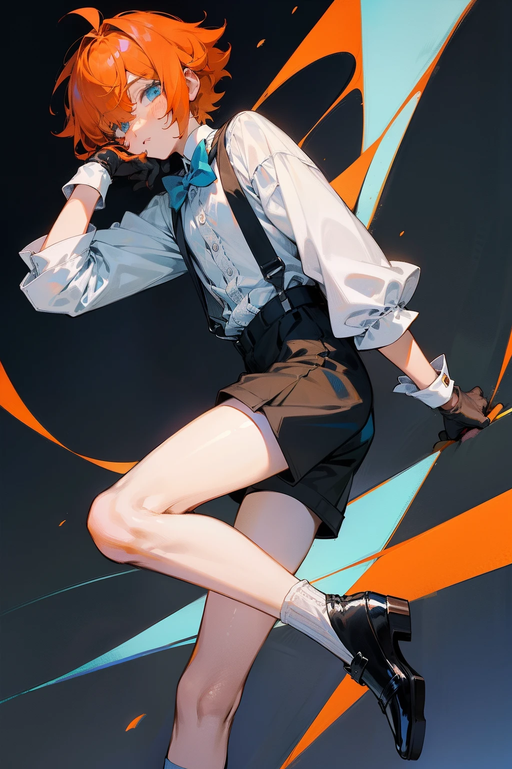 A ager,orange short hair,blue color eyes,Bangs cover one eye,Wear a white shirt,The cuffs have long lace trims,blue bowtie,longer sleeves,Wearing black shorts,show legs,Wear suspenders and leather shoes,Wear white socks,He wears black half-palm gloves on his hands,full bodyesbian,