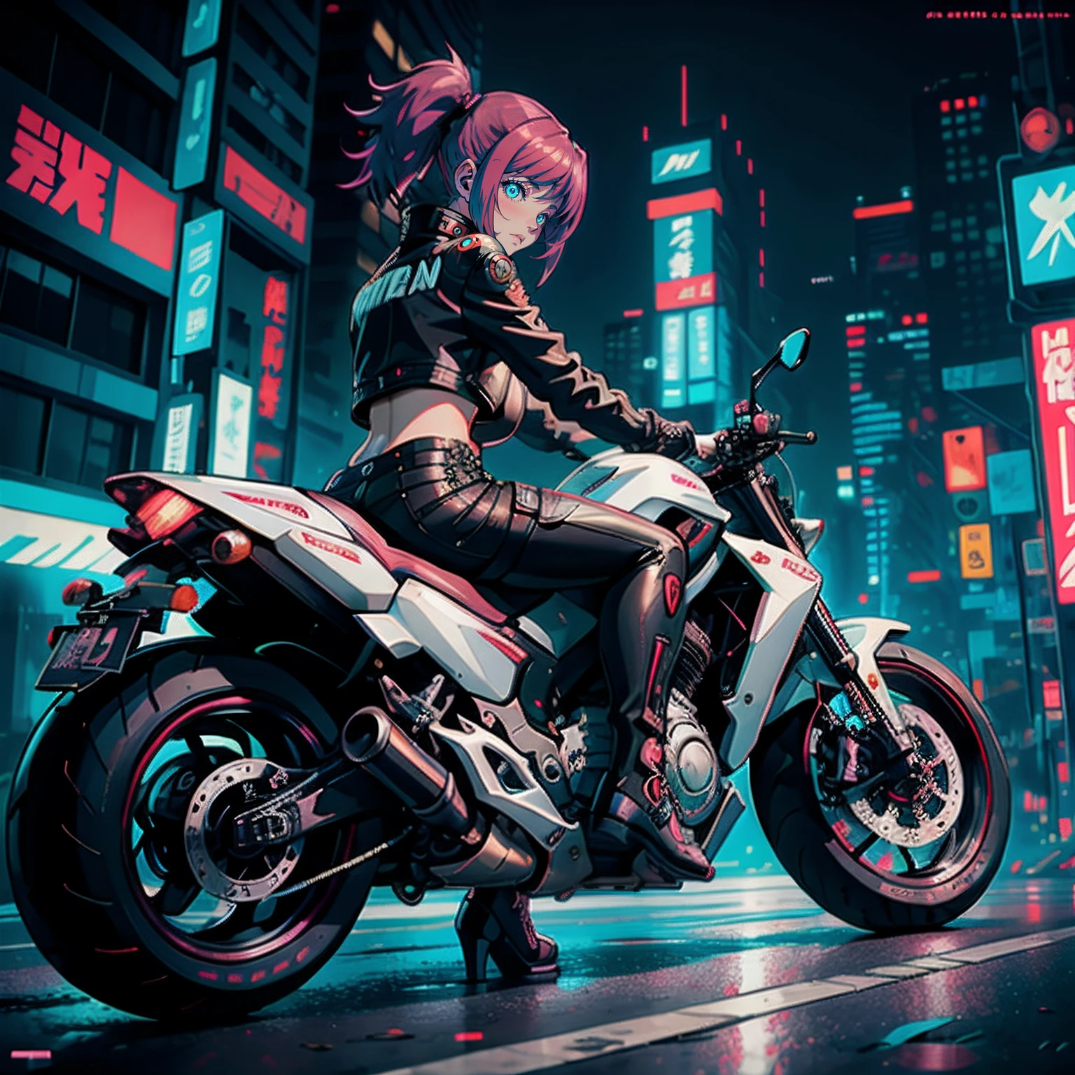 (masterpiece), best quality, expressive eyes,swaying hair,Dynamic hair, armed girls in Cyberpunk outfit holding weapon and riding motorcycle on Cyber city street, glowing eyes,long luster coat with front opening, luster bikini under the coat, gloves, luster thighhighs boots, cleavage, navel, cameltoe, luminous headphones, luminous headgears, (luminous accessories:1.2) ,glowing neon,fluorescent orange,cyberpunk, cyber city, blue_light, blue_neon, midnight,perspective,wet ground, pink_sky, dynamic blur background,dutch_angle,vivid colors,ftsbk