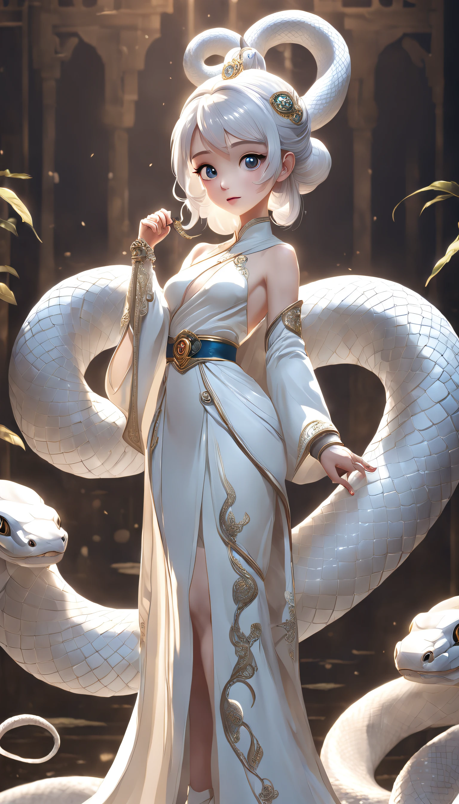Pixar style super cute anthropomorphic White Snake, wearing hanfu and crystal crown, standing, charming big eyes, lovely tail, standing, surreal, super fine, luxurious, elegant standing, charming big eyes, lovely tail, standing, surreal, super detailed, luxurious, elegant, complex, gorgeous, illusory engine, octane rendering, 8K, VRAY surrealism