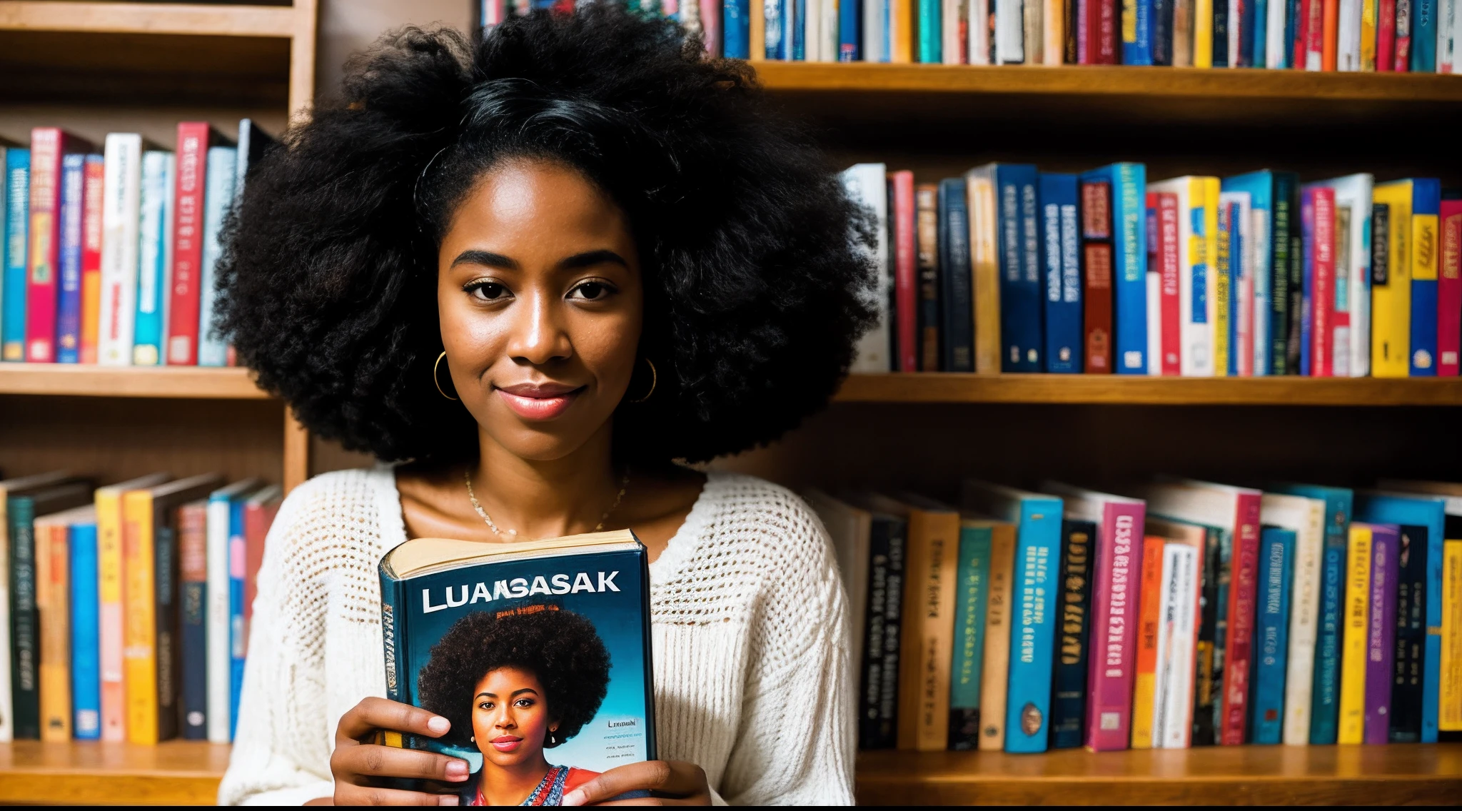 instagram photo, closeup face photo, An artistic portrayal of a afro american woman surrounded by shelves of books, each volume representing a different chapter of her imagination, Panasonic Lumix GH5 with 24mm f/1.4 lens, balanced indoor lighting, creative storytelling photography.