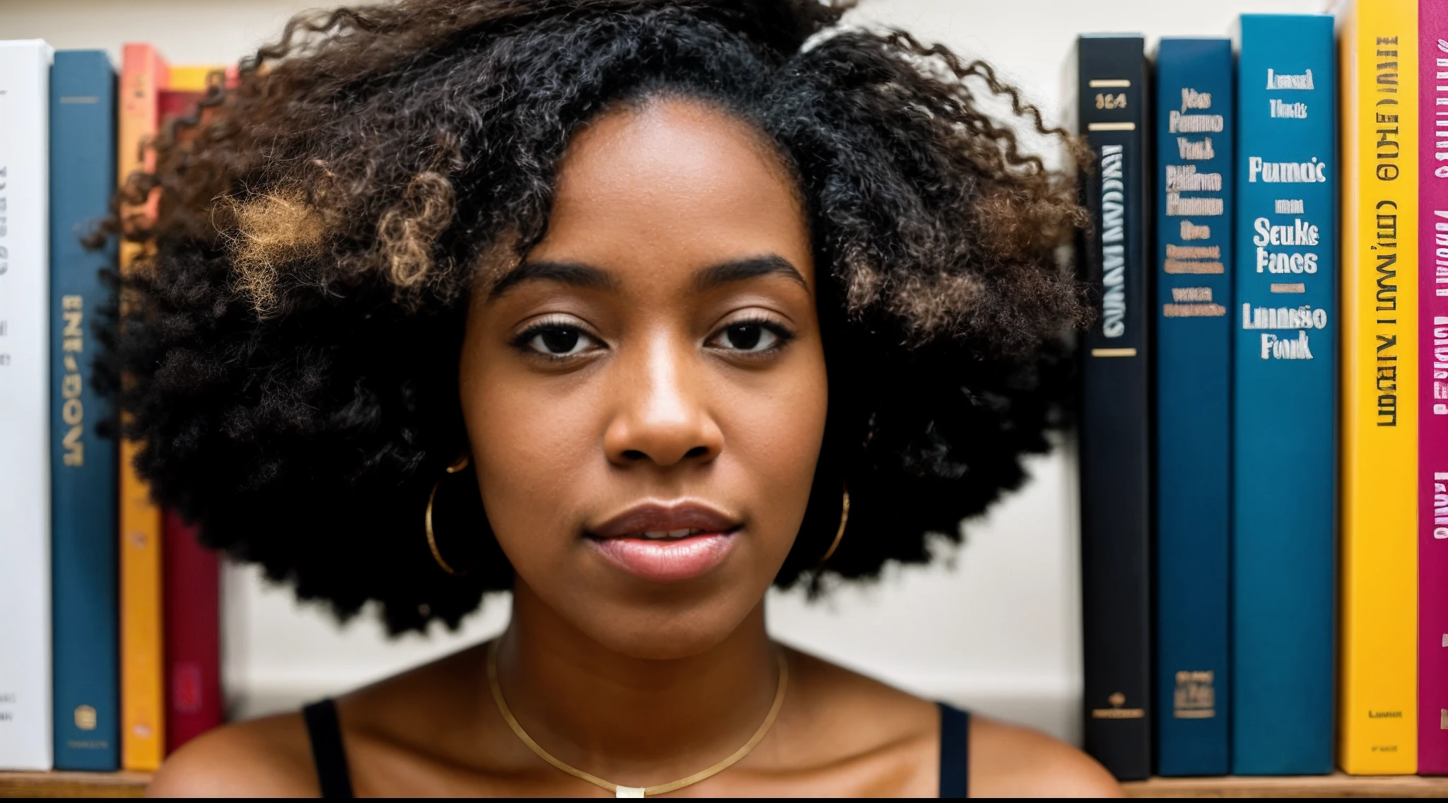 instagram photo, closeup face photo, An artistic portrayal of a afro american woman surrounded by shelves of books, each volume representing a different chapter of her imagination, Panasonic Lumix GH5 with 24mm f/1.4 lens, balanced indoor lighting, creative storytelling photography.