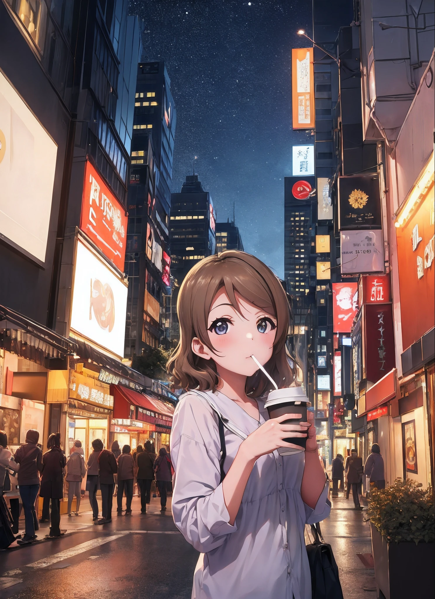 Masterpiece to the smallest detail、top-quality, 1 girl in, Watanabe You (\lovelive\)street, many high building, streetlight, night, city, taxi, drinking coffee, light, road, new york