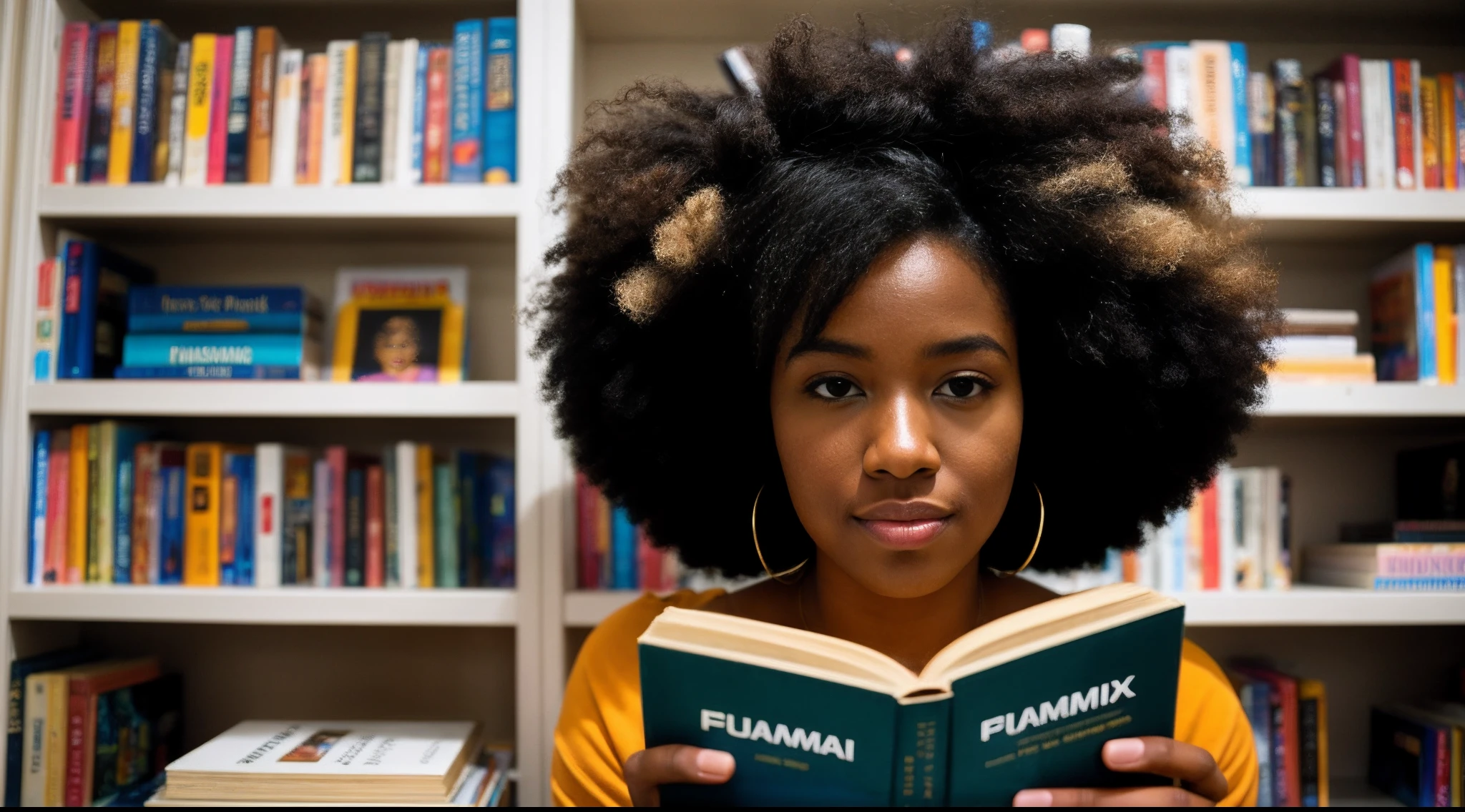 instagram photo, closeup face photo, An artistic portrayal of a afro american woman surrounded by shelves of books, each volume representing a different chapter of her imagination, Panasonic Lumix GH5 with 24mm f/1.4 lens, balanced indoor lighting, creative storytelling photography.