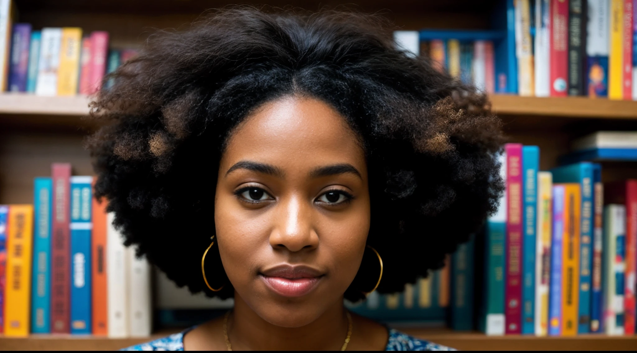 instagram photo, closeup face photo, An artistic portrayal of a afro american woman surrounded by shelves of books, each volume representing a different chapter of her imagination, Panasonic Lumix GH5 with 24mm f/1.4 lens, balanced indoor lighting, creative storytelling photography.