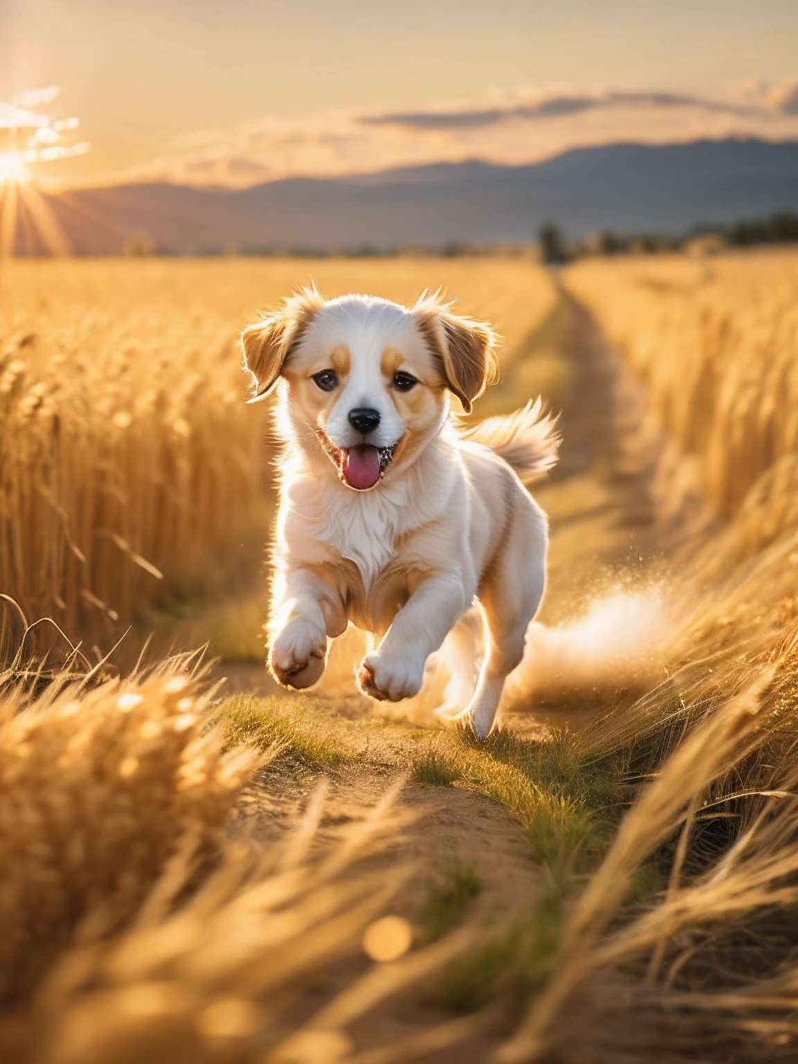 Photo of a very cute puppy running in a golden wheat field, facing the camera, showing his tongue and smiling, sunset sky, white clouds, soft volumetric light, (backlight: 1.3), (movie: 1.2), intricate details, (ArtStation: 1.3), Rutkowski