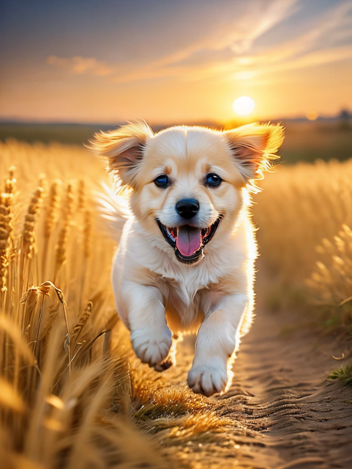 Photo of a very cute puppy running in a golden wheat field, facing the camera, showing his tongue and smiling, sunset sky, white clouds, soft volumetric light, (backlight: 1.3), (movie: 1.2), intricate details, (ArtStation: 1.3), Rutkowski