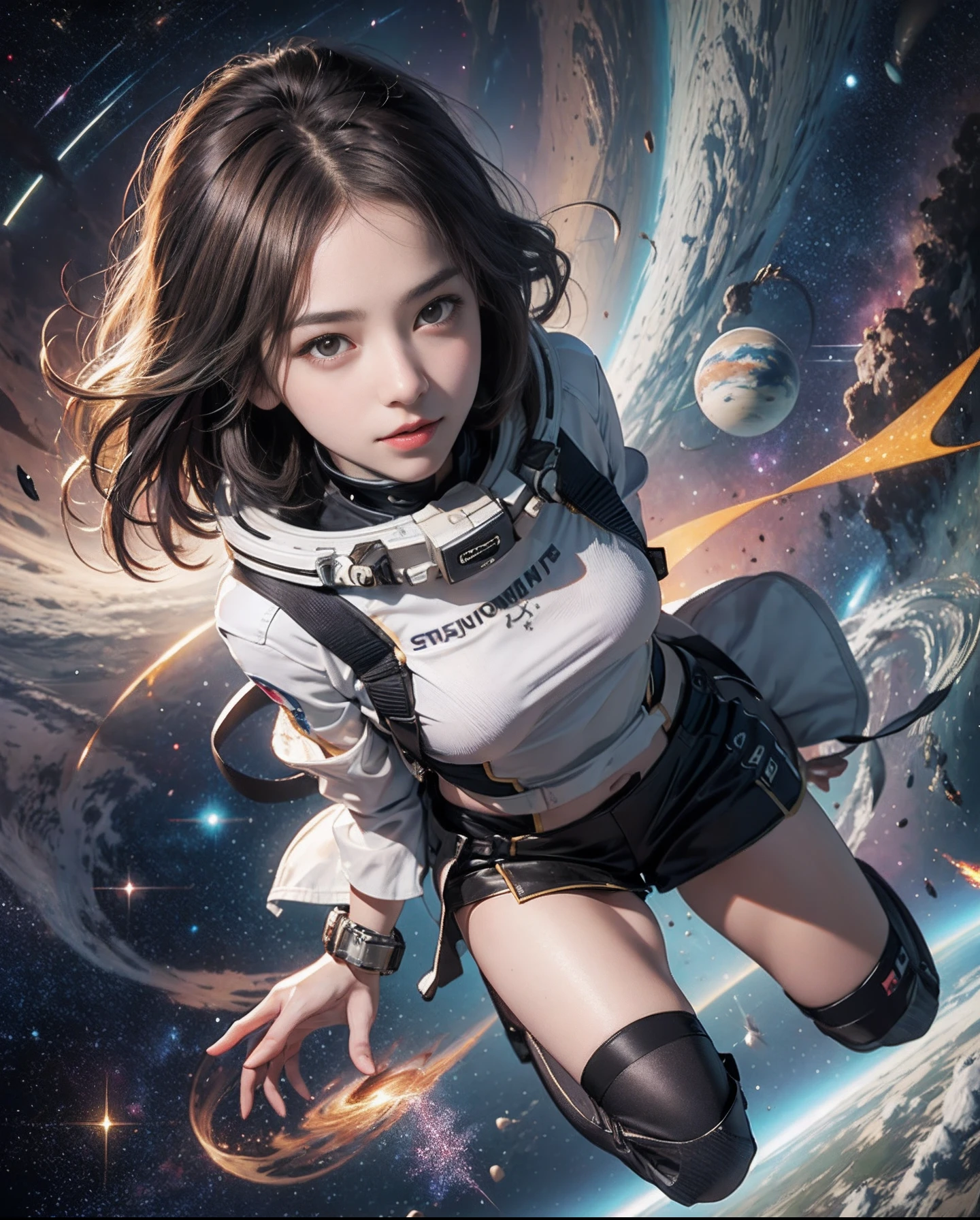 spacepunk, (Universe Background: 1.5, detailed background:1.25), (Isometric: 1.0), double exposure, (masterpiece, best quality:1.3), (highres:1.5), absurdres, ultra detailed, (1girl:1.3), (dynamic pose):1.0 BREAK, ((upper body image:1.3)), ((1 extremely cute and beautiful tearful girl taking a spacewalk at Universe)), stars, gas, star, starry, space, shooting star, crescent moon, hyper-space, (upturned eyes:1.3), (ear breathing), solo focus, starry night, (wearing a mechanical space body armor:1.3), (black wavy bob hair:1.35, bangs;1.35),  (large-breasted:1.35), (fat:1.2), glasses, streaming tears, tearful, tears, sad, 7.5 life size, detailed clothes, detailed body, detailed arms, human hands, detailed hands, blush, open mouth, (look back:1.15), (thrust out one's hip:1.35), studio soft light, cinematic light, detailed background, realistic, ultra-realistic, masterpiece,