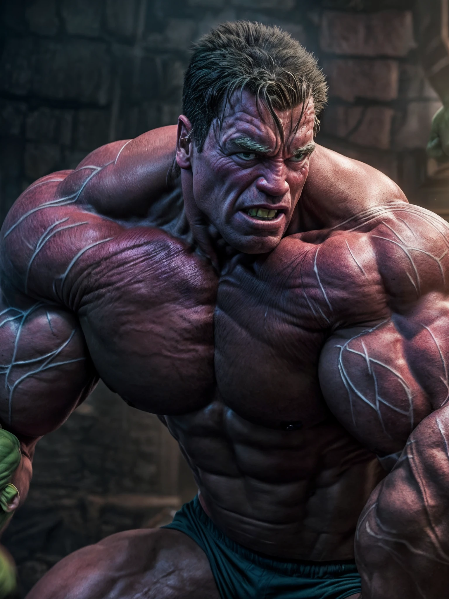 An intricate image of Arnold Schwarzenegger as the hulk, massive muscle, green, purple shorts, micro-details, photorealism, one light, dark photo, deep shadows, shallow depth of field, photorealistic, Surrealism, high quality, masterpiece, 8k, 8k, super detail, full body portrait, extremely muscular, scratched, dented, battle scars, flying with his boosters