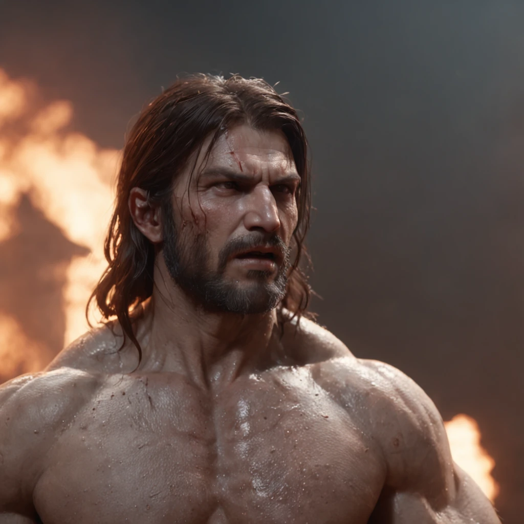 (professional 3d render:1.3) af (Realistic:1.3) most beautiful artwork photo in the world,Features soft and shiny male heroes, ((Epic hero fantasy muscle man rough wet hero angry look long hair short beard and ferocious expression in dynamic pose, Fantastic location, Majestic cluttered environment)), full body 8k unity render, action shot, skin pore, very dark lighting, heavyshading, Detailed, Detailed face, (vibrant, photograph realistic, Realistic, Dramatic, Dark, Sharp focus, 8K), (Old leather garments damaged by weathering:1.4), ((((Wear fur)))), (Intricate:1.4), decadent, (Highly detailed:1.4), Digital painting, rendering by octane, art stations, concept-art, smooth, Sharp focus, illustration, Art germ, (loish:0.23), wlop ilya kuvshinov, and greg rutkowski and alphonse mucha gracias, (Global illumination, Studio light, volumettic light), heavy rain, particles floating, lotr, fantasy, elf, full bodyesbian, ((Dark and ancient city background:1.3)),CGSesociety,art stations