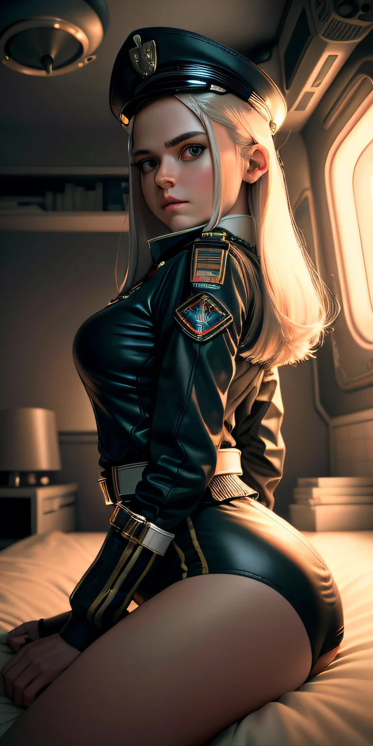 analog style closeup; junior officer girl self pleasure on bed until climax in her quarters in a generation spaceship. Dark science fiction hyperrealistic 8k 18+ beautiful epic High resolution