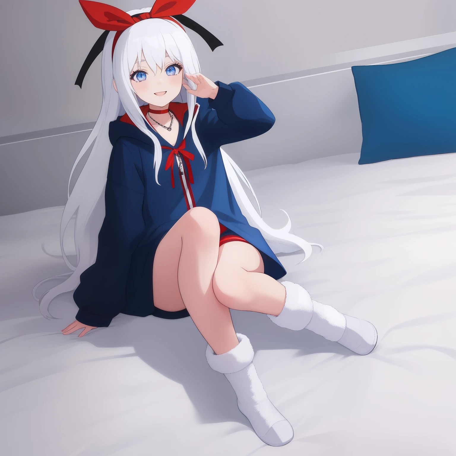 1 woman, fullbody, loose parka, hood up, white hair, blue eye, long hair, ribbon, happy, smile, 18 year old, dynamic angle, blue hairband, bed room, hentai, red necklace