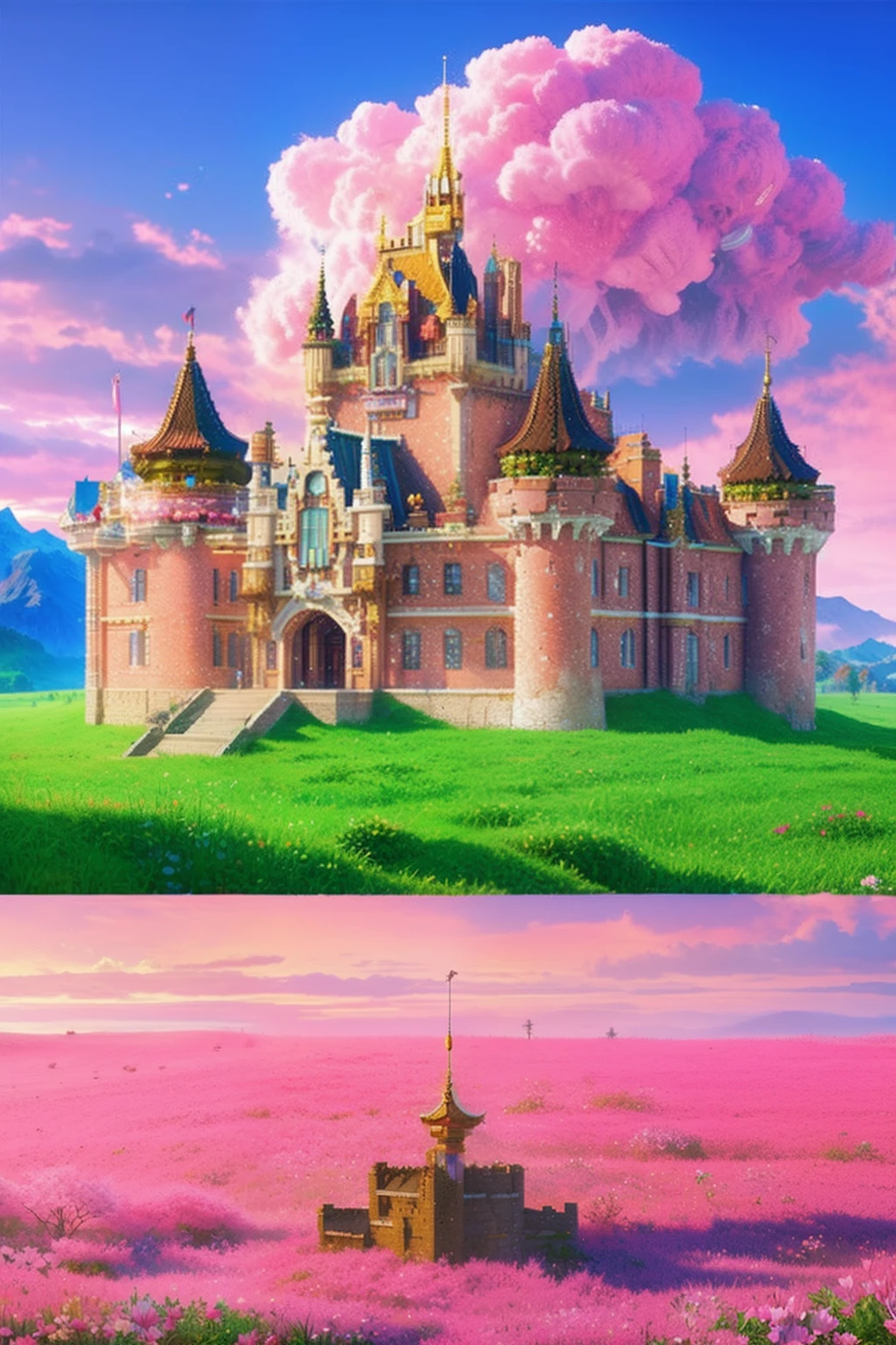 pixel game《dragon quest》，Game character design，（cavalier：1.4），in pink，dream magical，European castle，Thick clouds，surrounded by cloud，16-bit pixel art