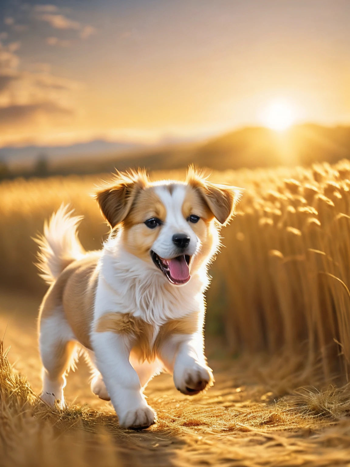 Photo of a very cute puppy running in a golden wheat field, facing the camera, showing his tongue and smiling, sunset sky, white clouds, soft volumetric light, (backlight: 1.3), (movie: 1.2), intricate details, (ArtStation: 1.3), Rutkowski